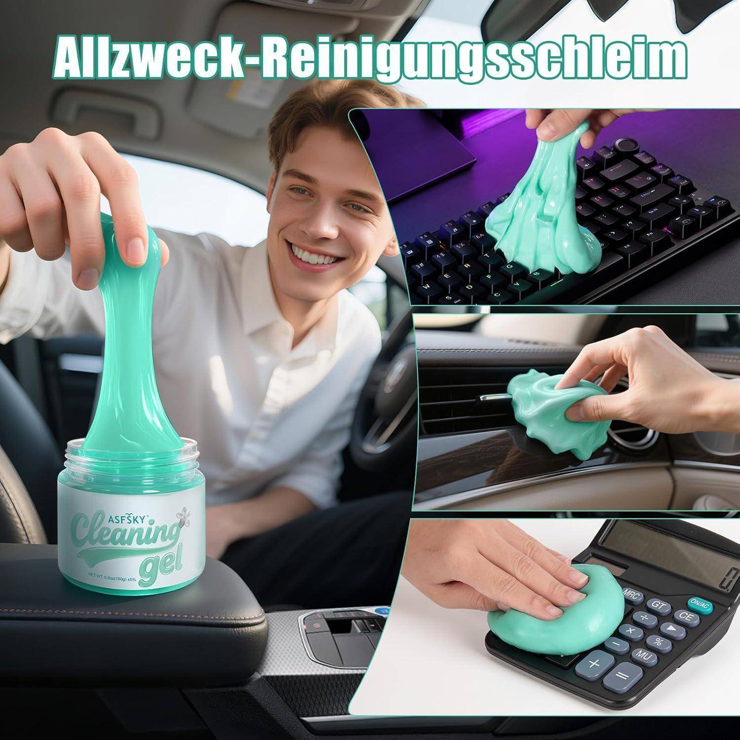 Werbebild des „Allzweck-Reinigungsschleim"-Reinigungsgels, das zur Entfernung von Staub aus einem Autoinnenraum, einer Tastatur, einem Armaturenbrett und einem Taschenrechner verwendet wird.