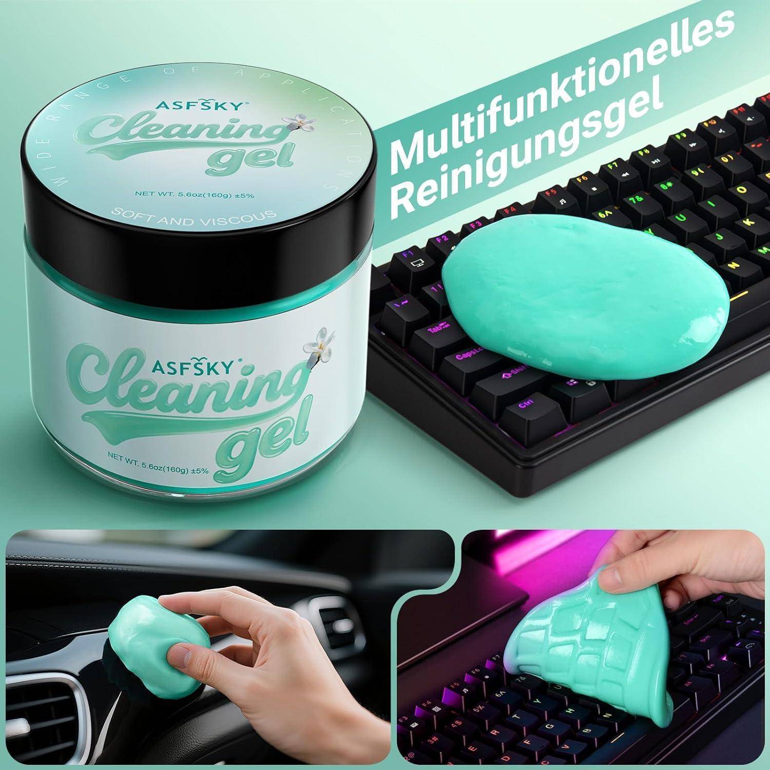 Werbebild eines mintgrünen Reinigungsgels für Tastaturen und Autolüftungsschlitze, das auf einer Tastatur gezeigt wird und zum Aufnehmen von Staub und Schmutz verwendet wird.