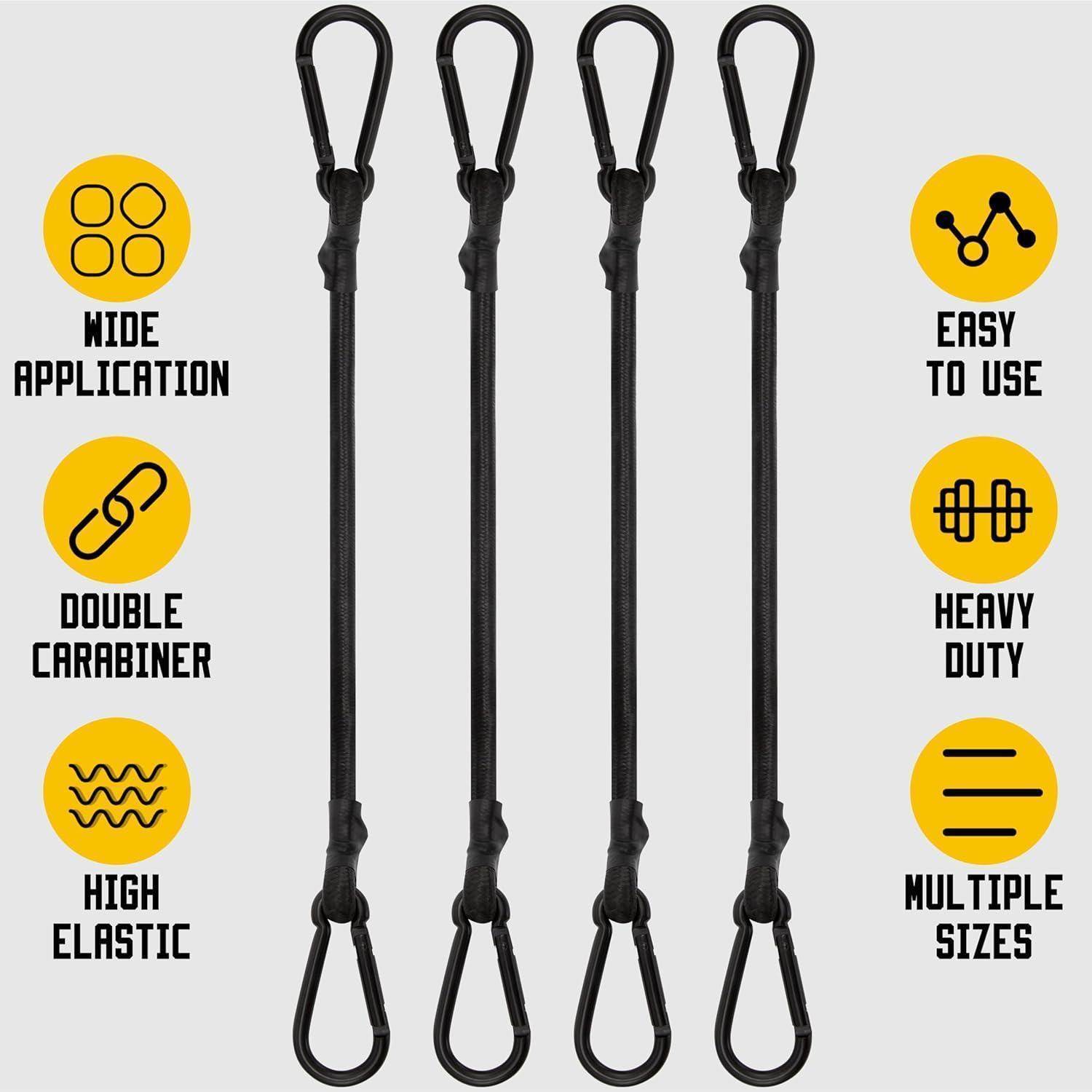 Produktgrafik zeigt vier schwarze elastische Spanngurte mit doppelten Karabinern, gekennzeichnet mit breite Anwendung, doppelter Karabiner, hochelastisch, einfach zu verwenden, robuste Ausführung und mehrere Größen.