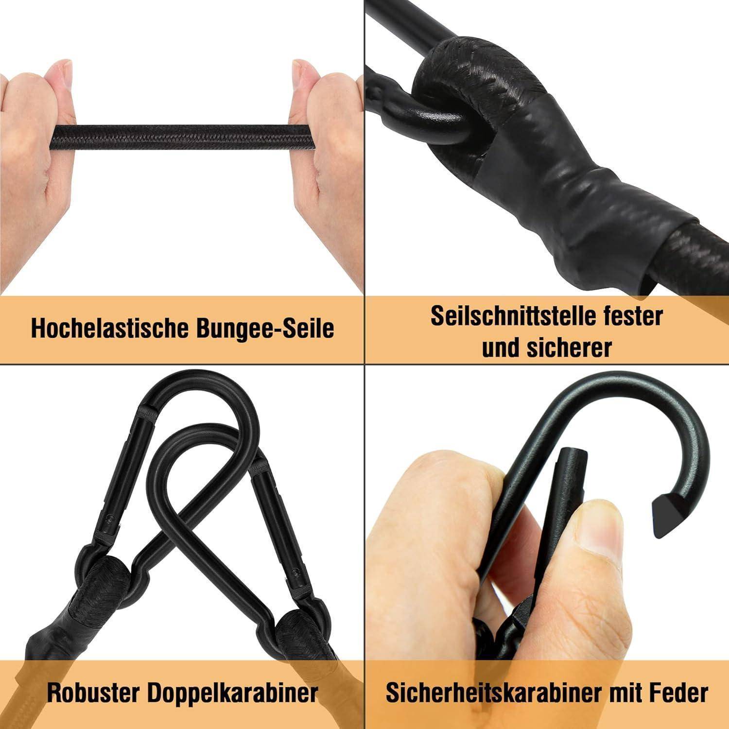 Vier-Panel-Produktgrafik eines Bungee-Seils mit Dehnung, verstärkter Schnittpunkt, Doppelkarabiner und Feder-Sicherheitskarabiner.