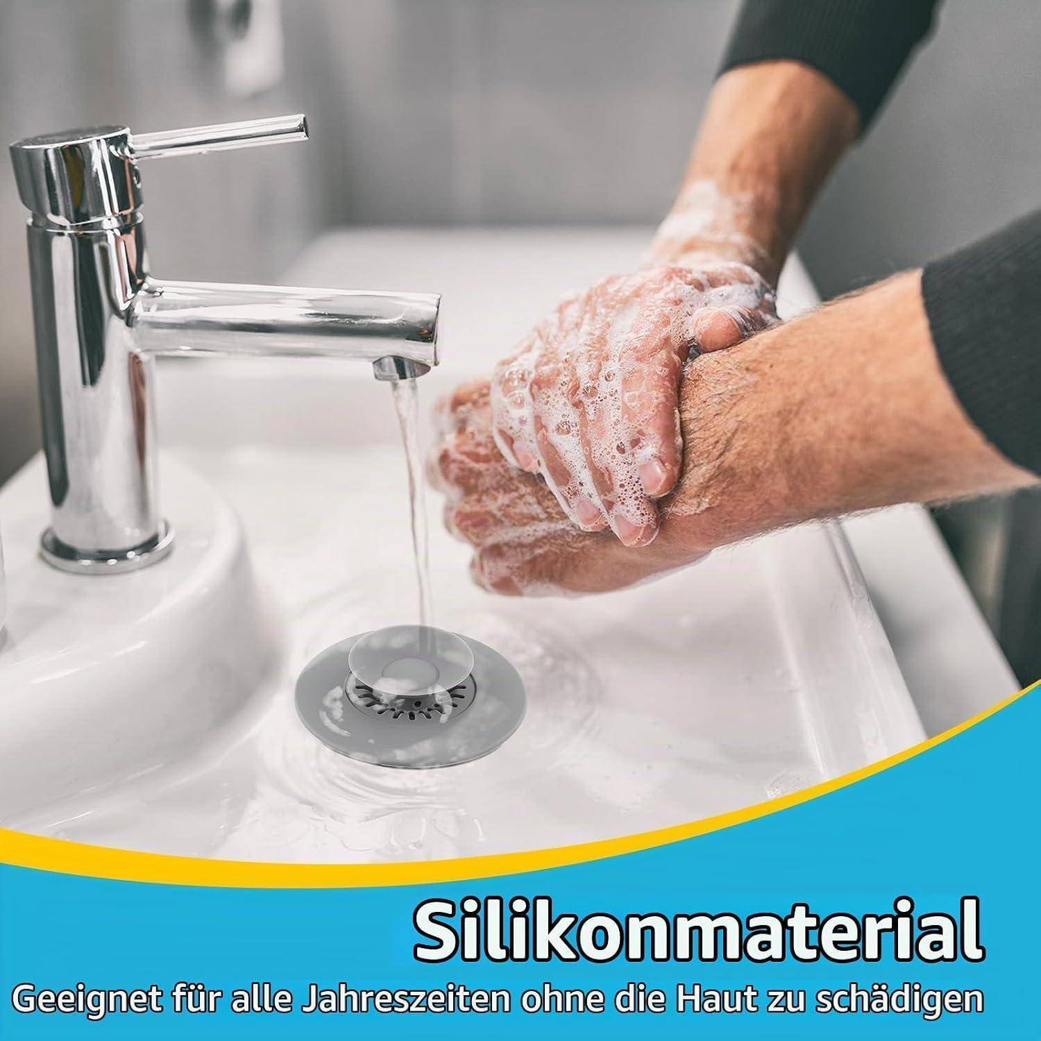 Hände waschen mit Seife unter fließendem Wasser neben dem Text „Silikonmaterial