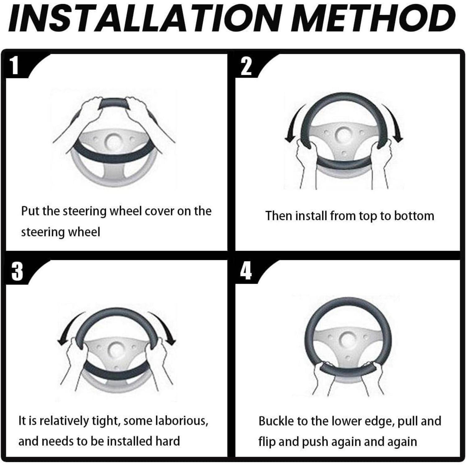 Installationsmethodendiagramm mit 4 Schritten zum Anbringen einer Lenkradabdeckung: auf dem Lenkrad platzieren, von oben nach unten ziehen, fest installieren und die untere Kante festschnallen.
