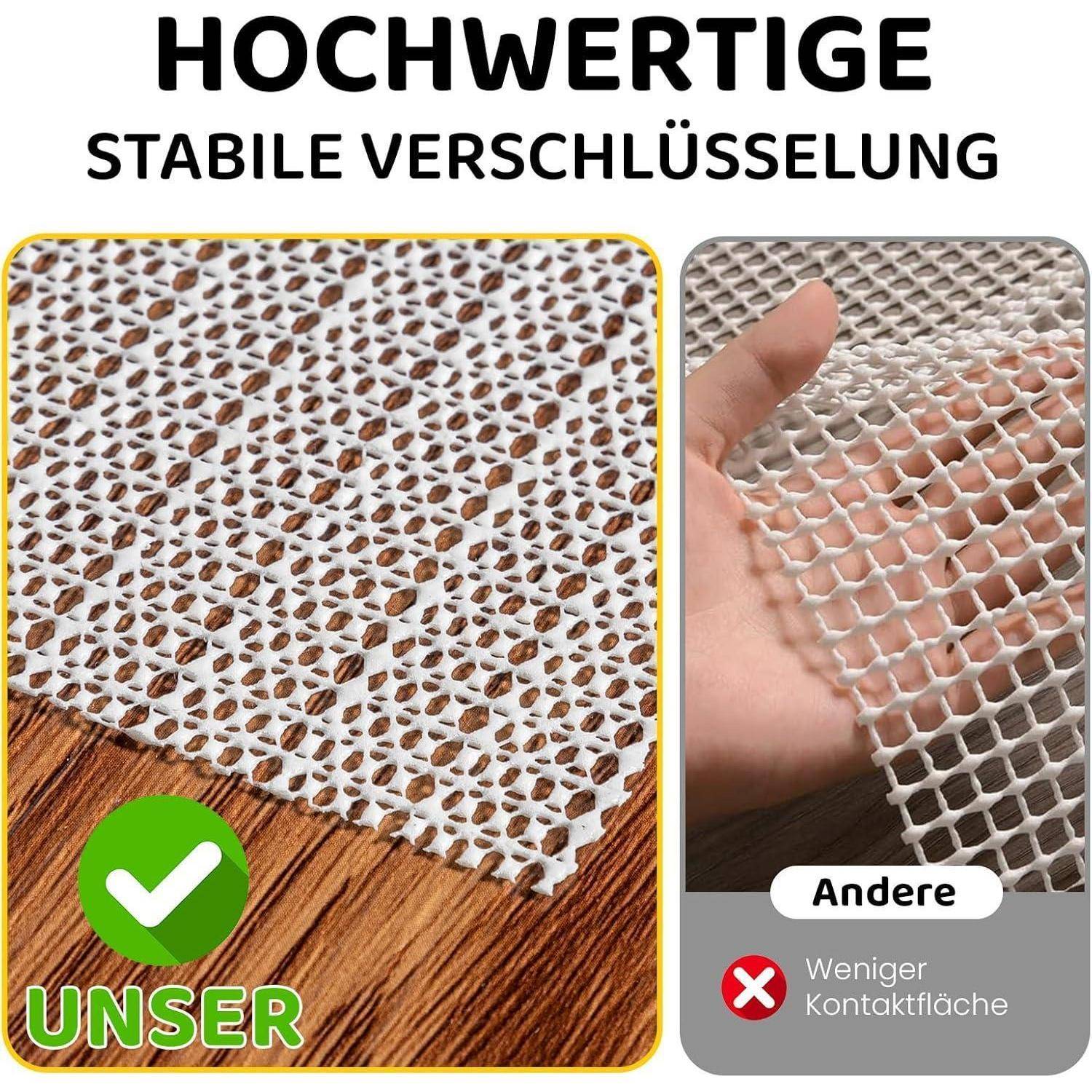 Vergleichsgrafik von Mesh-Verschlüssen: 'UNSER' zeigt ein dichteres, robusteres weißes Mesh mit größerer Kontaktfläche; 'Andere' zeigt ein lockereres Mesh mit der Bezeichnung 'Weniger Kontaktfläche'.