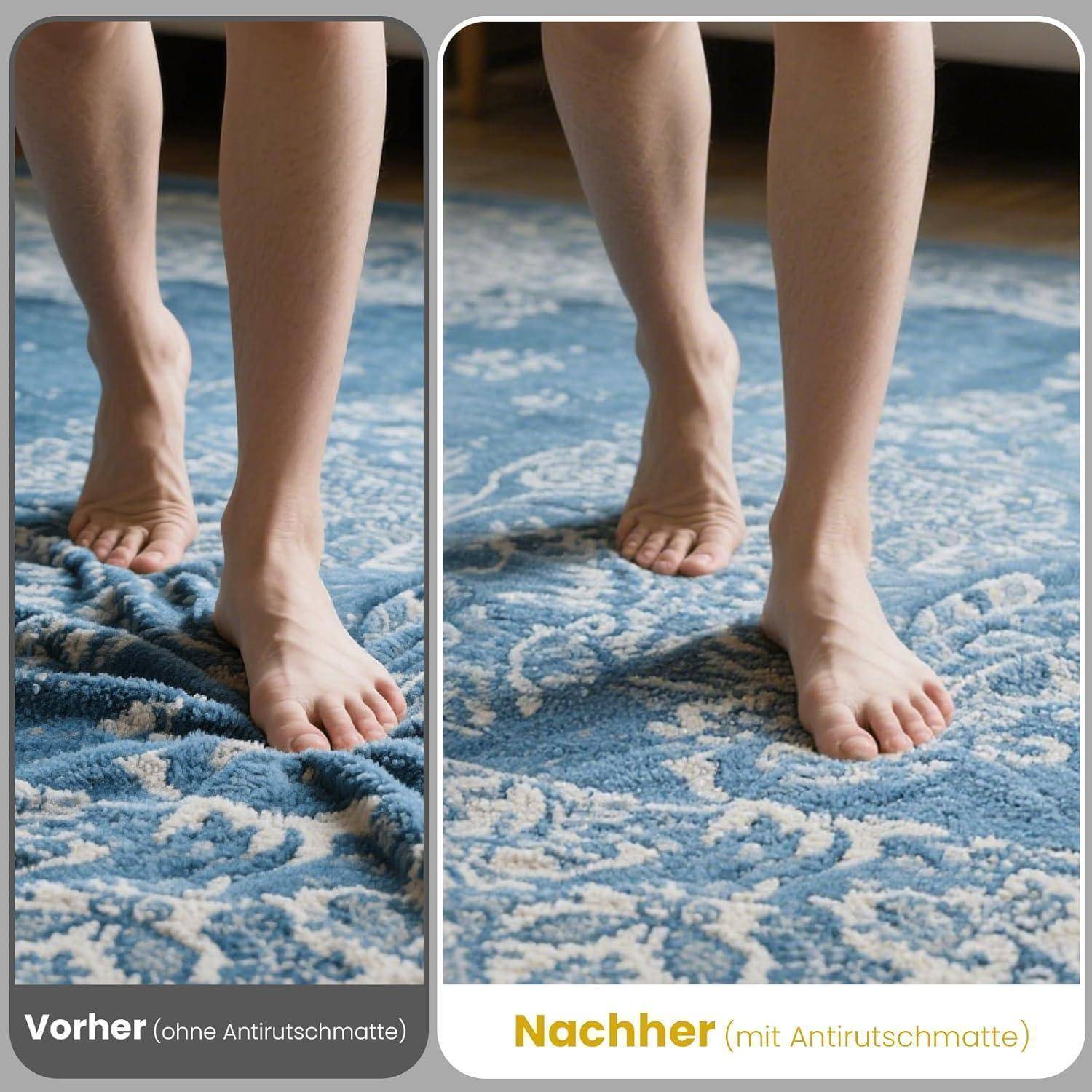 Geteiltes Bild, das Füße auf einem blauen Teppich zeigt: „Vorher
