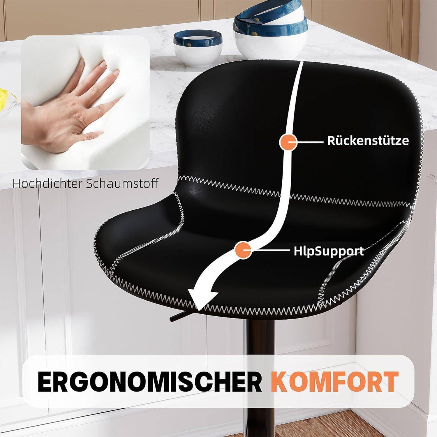 Schwarzer ergonomischer Drehstuhl mit Rücken- und Hüftstütze, mit den Beschriftungen „Rückenstütze