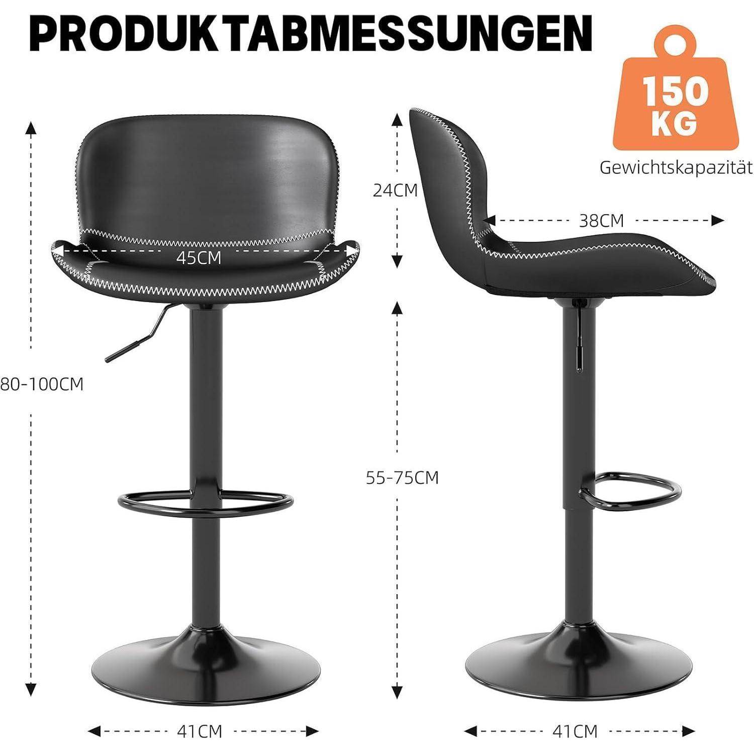 Produktabmessungen eines schwarzen verstellbaren Barhocker: 45 cm breite Sitzfläche, 38 cm Tiefe, 24 cm Rückenlehne Höhe, 41 cm Basis, Sitzhöhe 55-75 cm, Gesamthöhe 80-100 cm, Tragfähigkeit 150 kg.