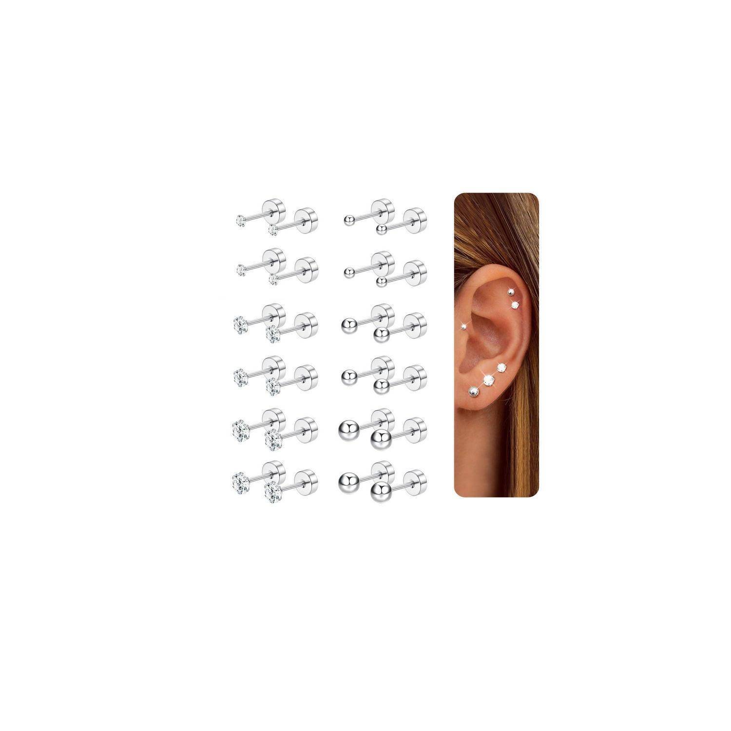 Sammlung silberner Ohrring-Stecker, die neben einem Ohr mit mehreren Ohrringen gezeigt wird, um verschiedene Ohrring-Positionen und Stile zu veranschaulichen.