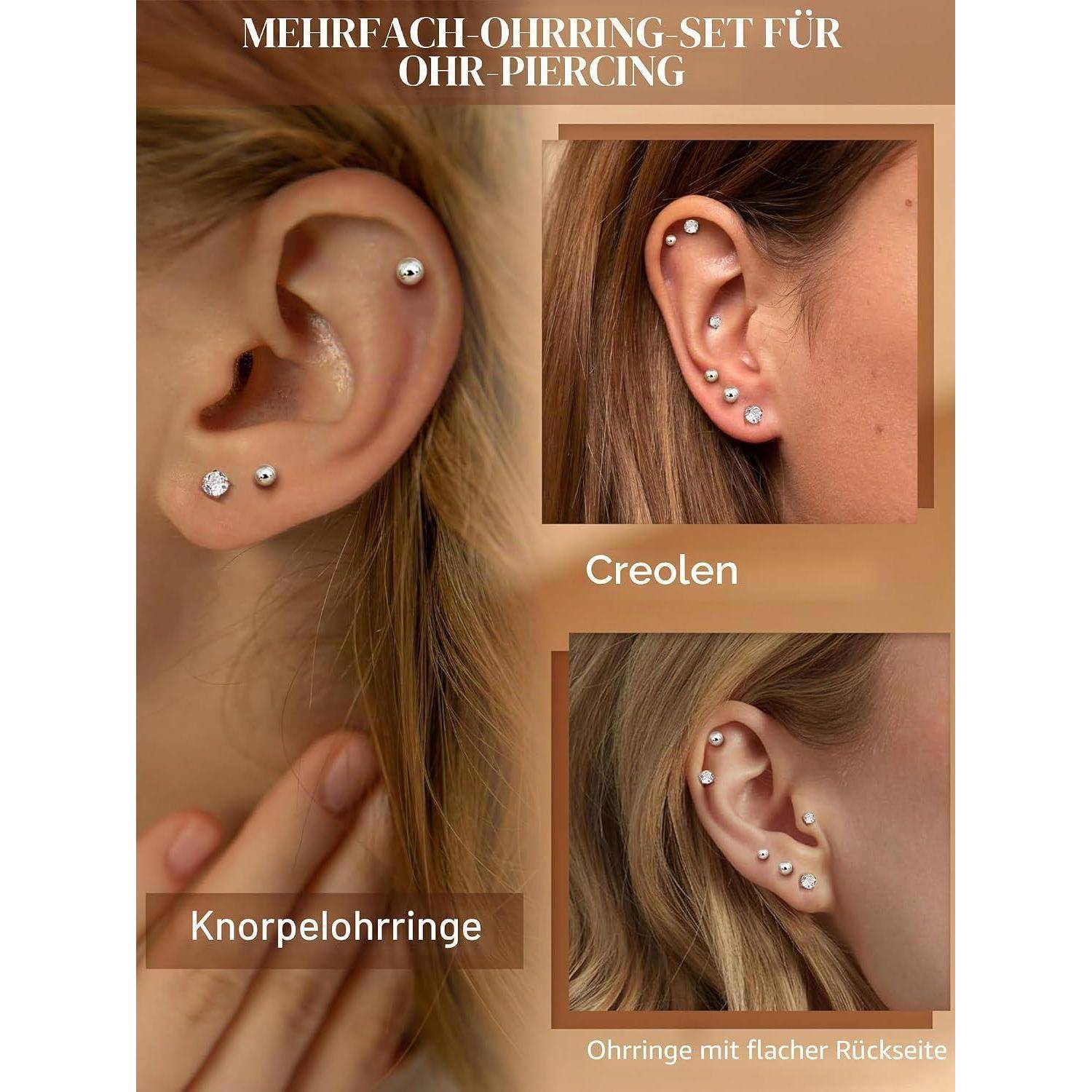 Collage mehrerer Ohrpiercings mit Steckerohringen, beschriftet mit „Knorpelohringe