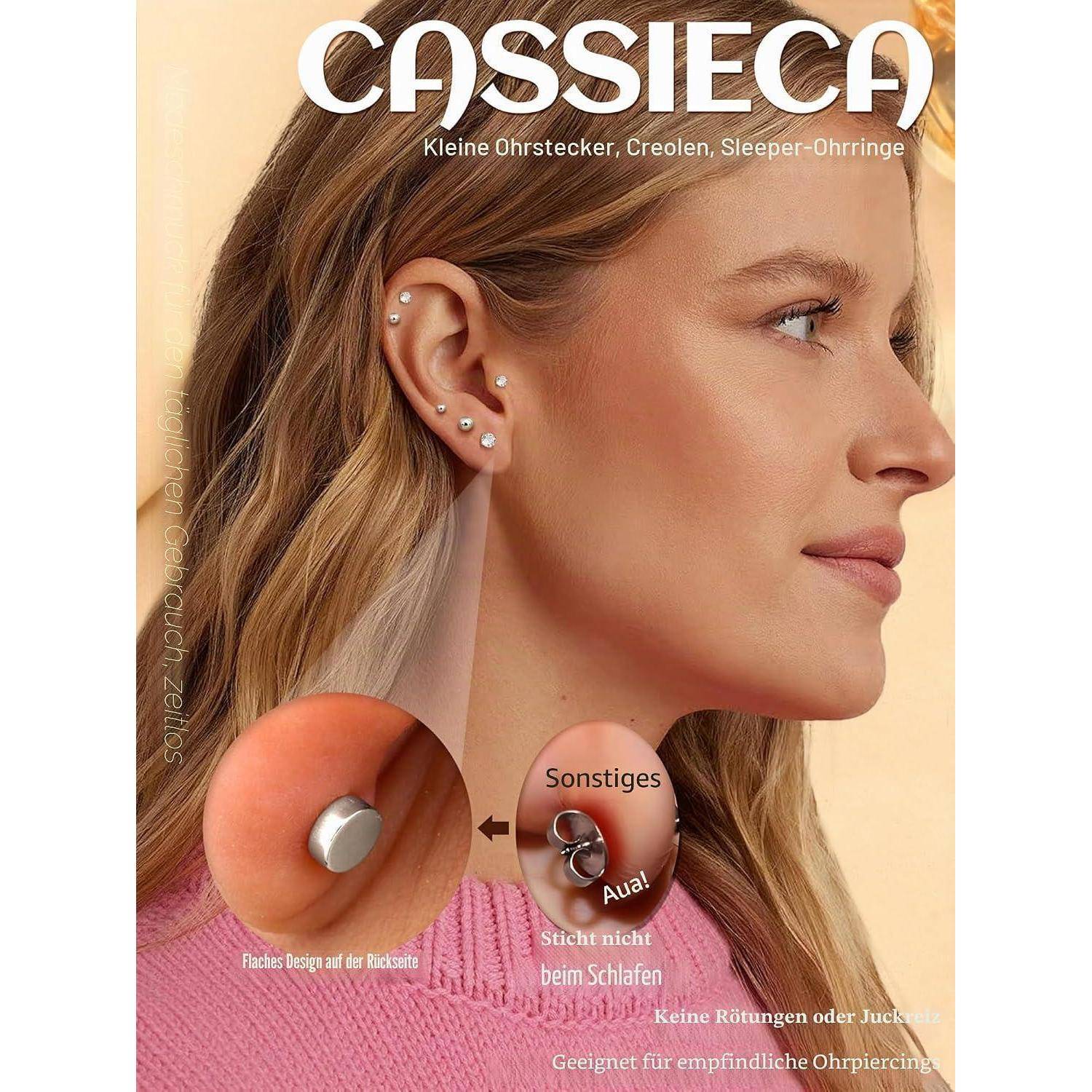 Anzeige für COSSIECA kleine Ohrstecker an einem Frauenohren mit mehreren Piercings, Schlafohrstecker und Behauptungen über Komfort zum Schlafen und für empfindliche Ohren.