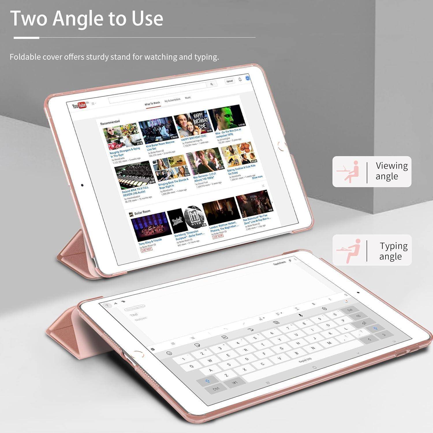 Marketinggrafik eines Tablet-Schutzkoffers mit klappbarem Deckel, der zwei Betrachtungswinkel bietet: aufrecht zum Anschauen und flach zum Tippen, gekennzeichnet mit „Betrachtungswinkel" und „Tippwinkel"".