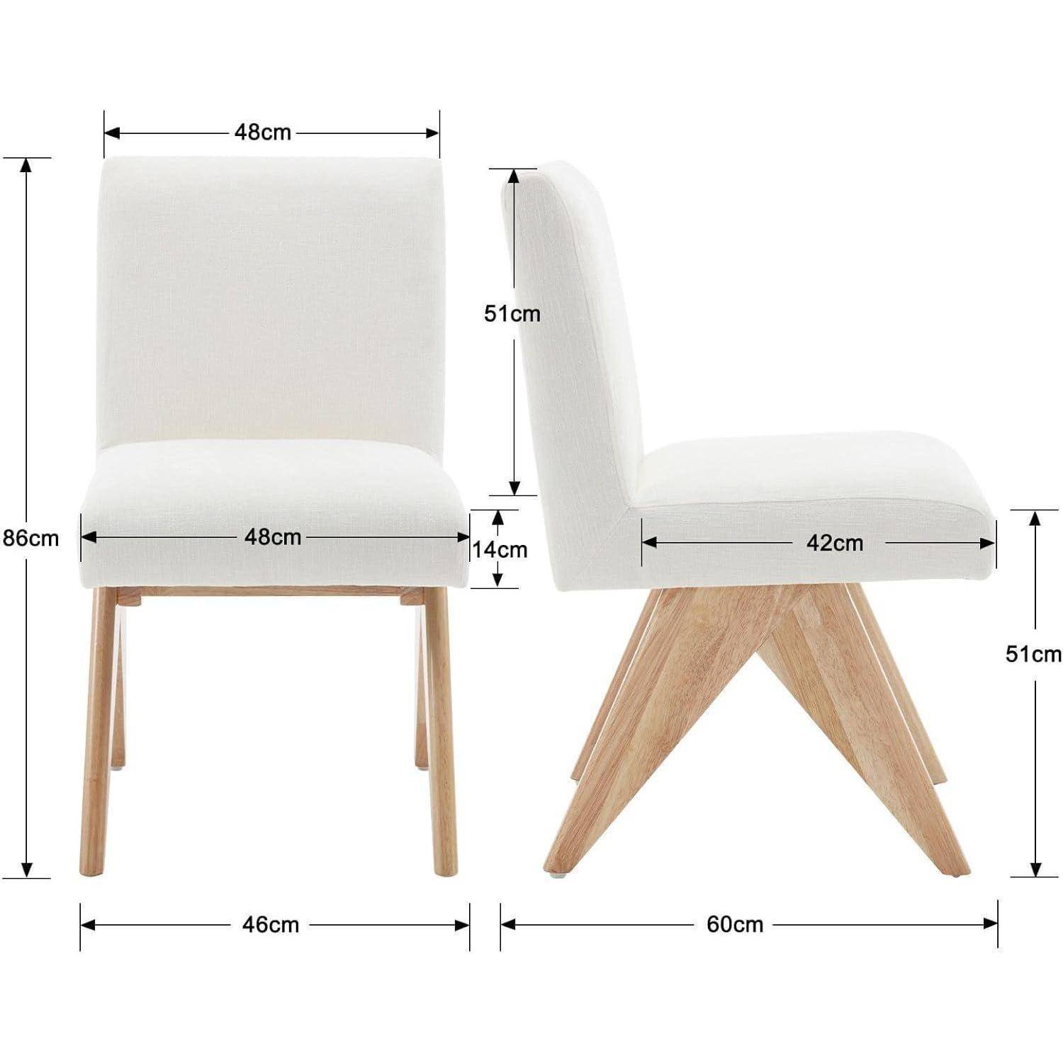 Maßstabzeichnung eines weiß gepolsterten Stuhls mit Holzbeinen, zeigt Vorder- und Seitenansichten mit Maßen: 86 cm Höhe, 48 cm Breite, 46 cm Basis, 51 cm Rückenlehne Höhe, 42 cm Sitztiefe, 60 cm Beinspannweite.