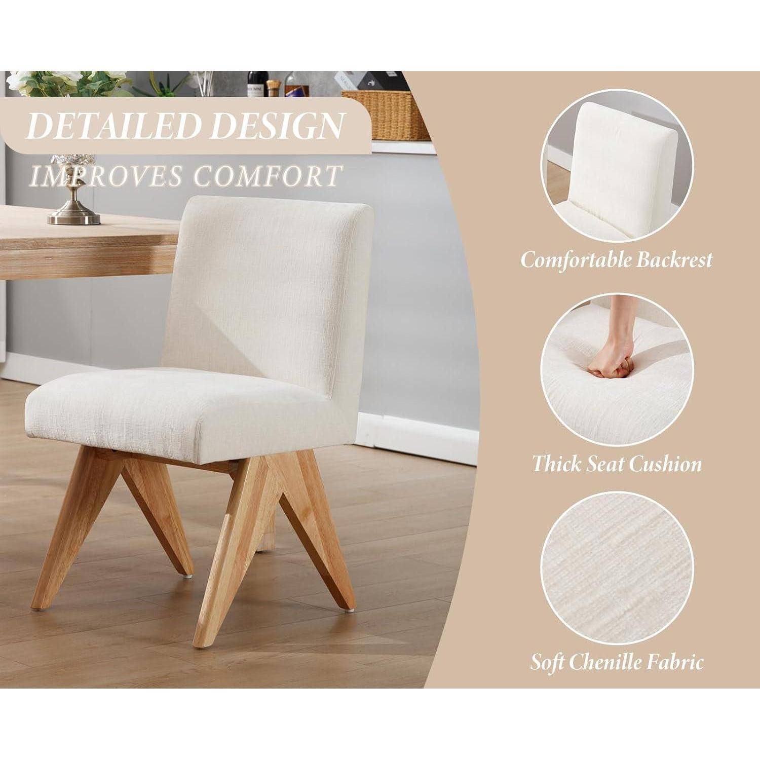 Produktbild eines beige gepolsterten Esszimmerstuhls mit Holzbeinen, gekennzeichnet mit den Funktionen: komfortable Rückenlehne, dickes Sitzkissen und weiches Chenille-Stoff.