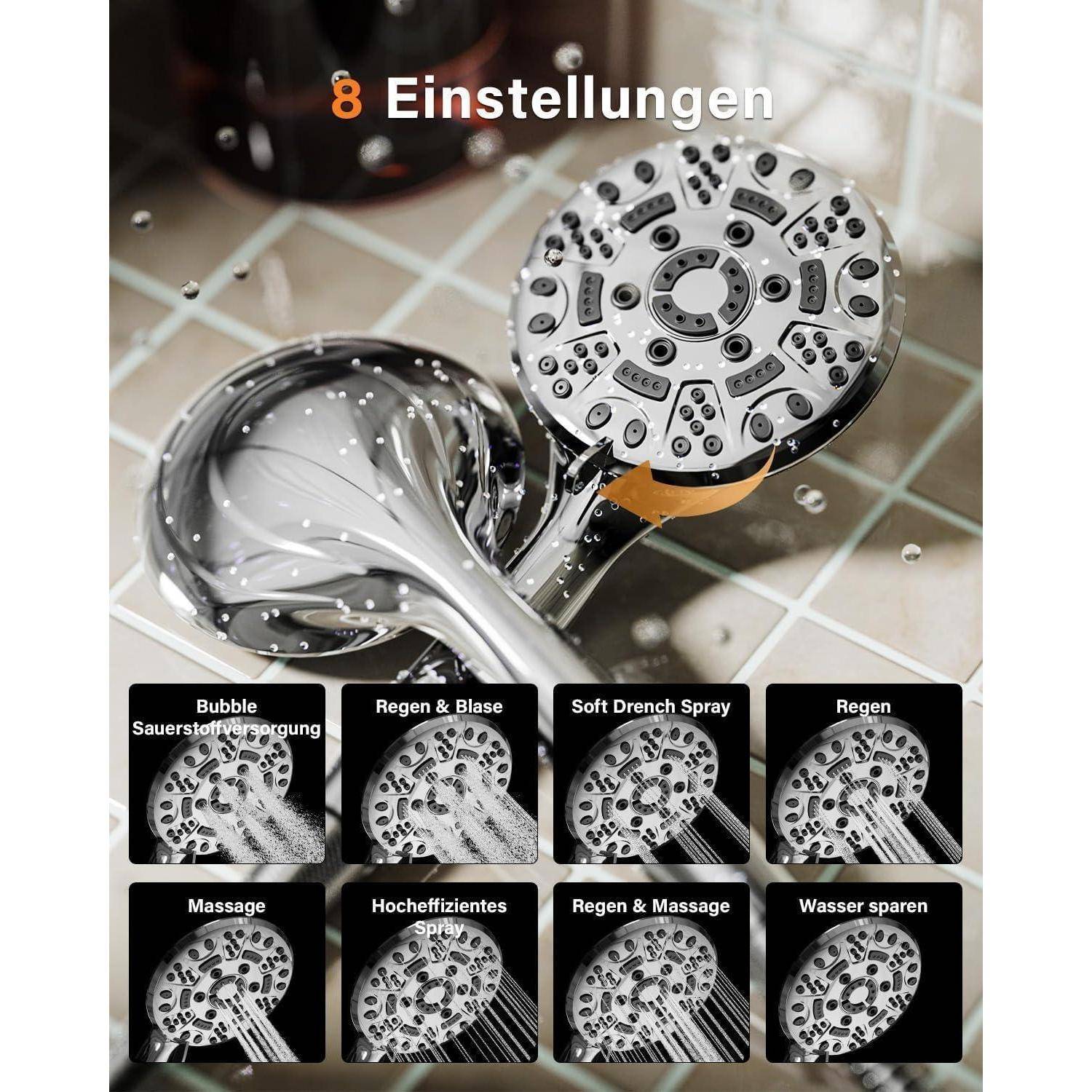 Cobbe Duschkopf mit Schlauch, Hochdruck Duschbrause mit 8 Strahlarten, Druckerhöhend Wassersparend, Großem Regendusche Handbrause (Chrom) Chrom.