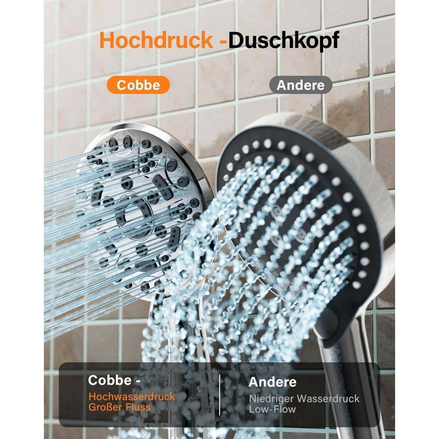 Cobbe Duschkopf mit Schlauch, Hochdruck Duschbrause mit 8 Strahlarten, Druckerhöhend Wassersparend, Großem Regendusche Handbrause (Chrom) Chrom.