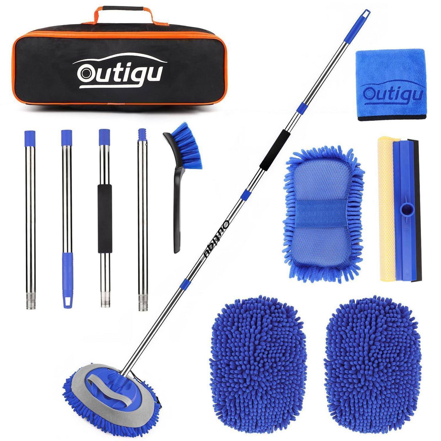Autoreinigungs-Set mit ausziehbarem Griff-Mop, Bürste, Handschuhen, Abzieher und Aufbewahrungstasche, dargestellt in Schwarz und Blau
