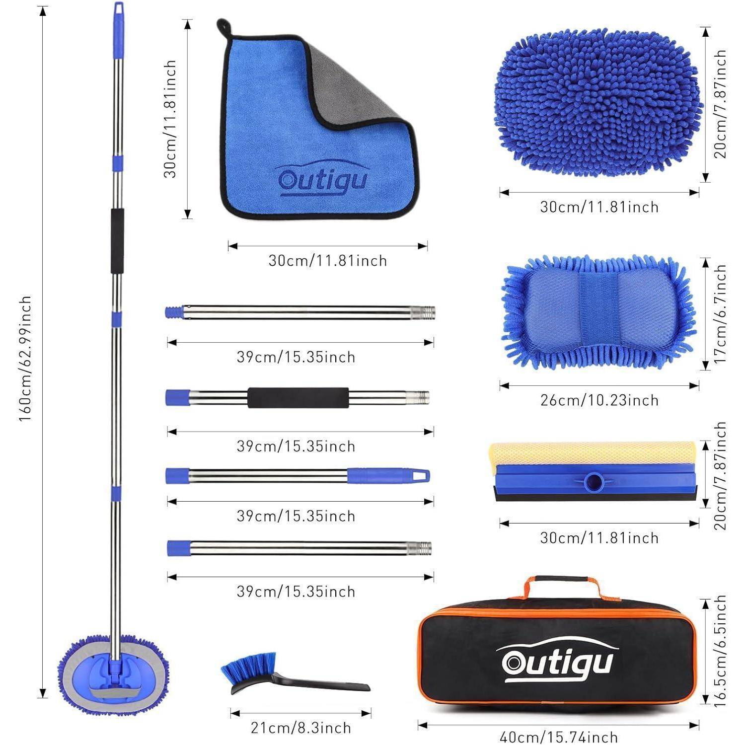 Produktdimensionen-Diagramm einer Outigu-Reinigungsset: Mopp, austauschbare Griffe, Bürste, Pads und Aufbewahrungstasche mit beschrifteten Messungen in cm und Zoll.