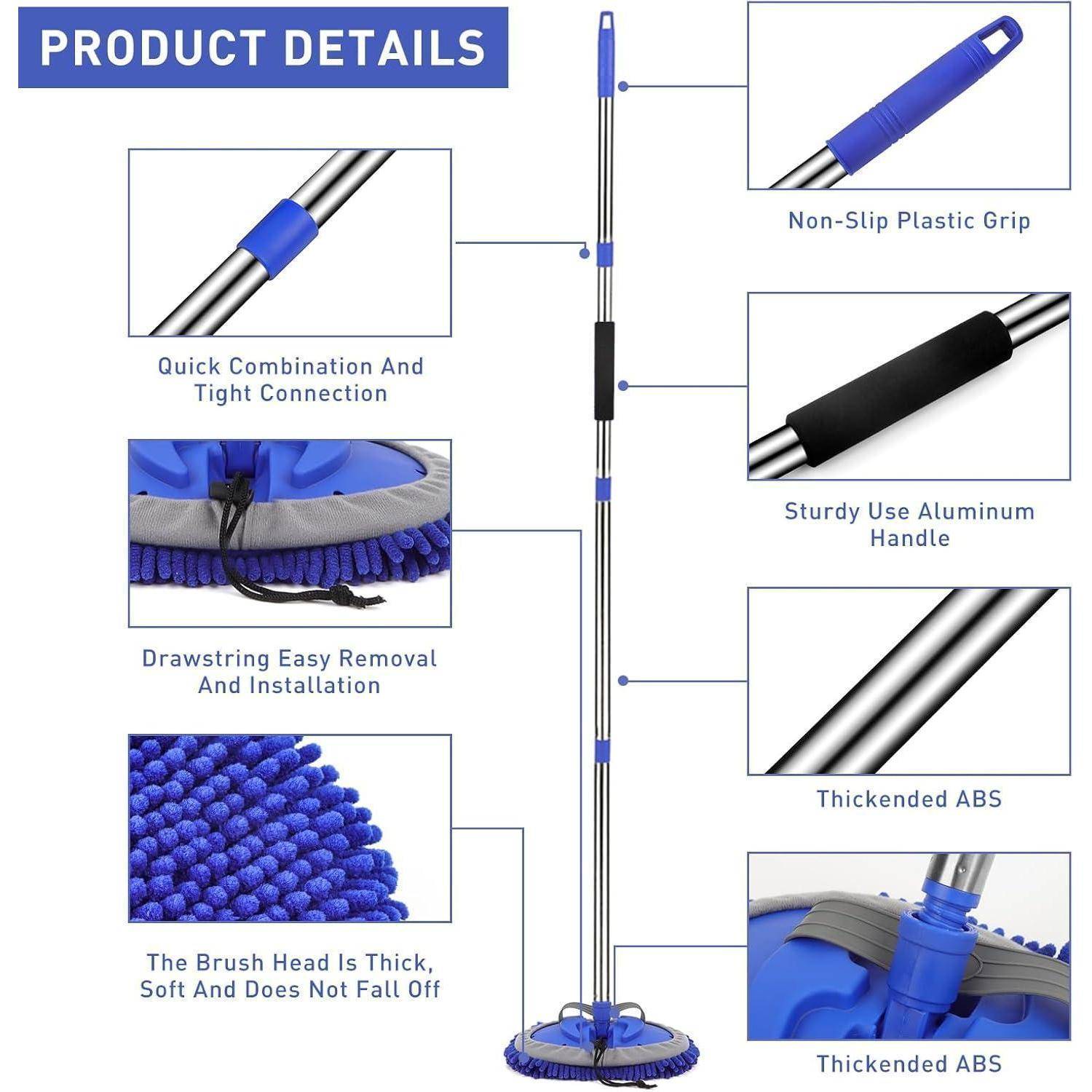 Produktdetails-Infografik für einen blauen Mopp: rutschfester Kunststoffgriff, stabiler Aluminiumgriff, verstärkte ABS-Teile, Schnellverbindung, Kordelzug zur einfachen Entfernung und dicker, weicher Bürstenkopf.