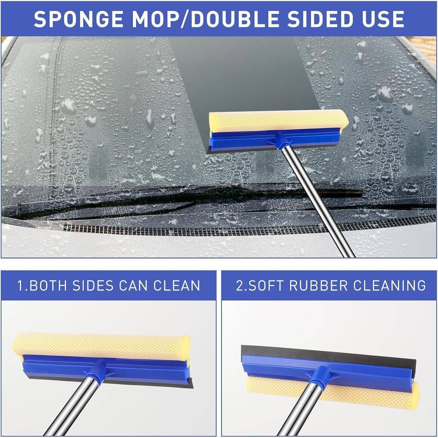 Werbung für einen beidseitigen Schwamm-Mop, der eine Autoscheibe reinigt, mit den Beschriftungen '1.BEIDE SEITEN KÖNNEN REINIGEN' und '2.WEICHE GUMMIREINIGUNG'.