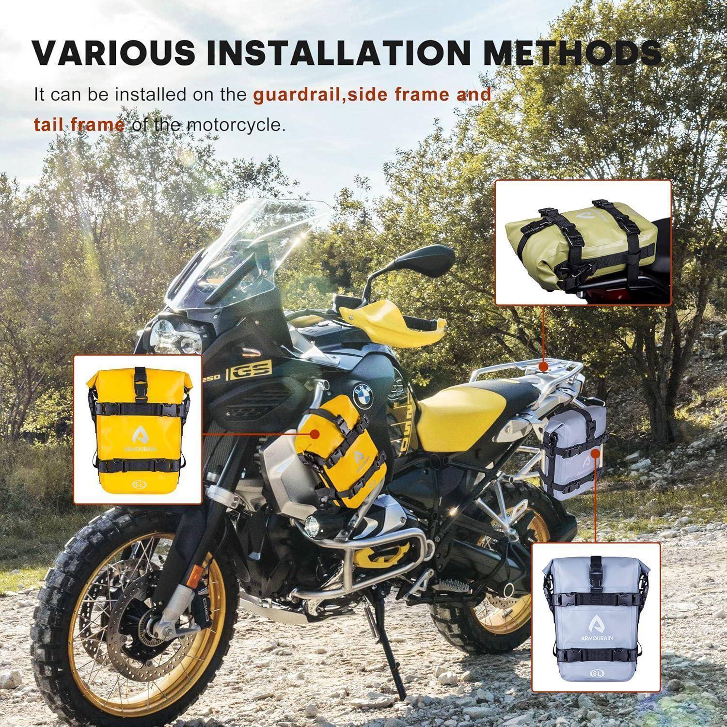 Motorrad mit drei Optionen zur Packtascheninstallation, dargestellt an der Schutzschiene, dem Seitenrahmen und dem Heckrahmen, mit der Bezeichnung „VERSCHIEDENE INSTALLATIONSMETHODEN".