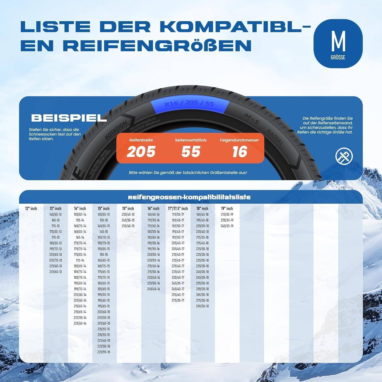 Winterreifen Schneeketten M - EN 16662-1- Hochsichere, leicht installierbare Textil Schneeketten für Autos - rutschfeste, strapazierfähige Ketten