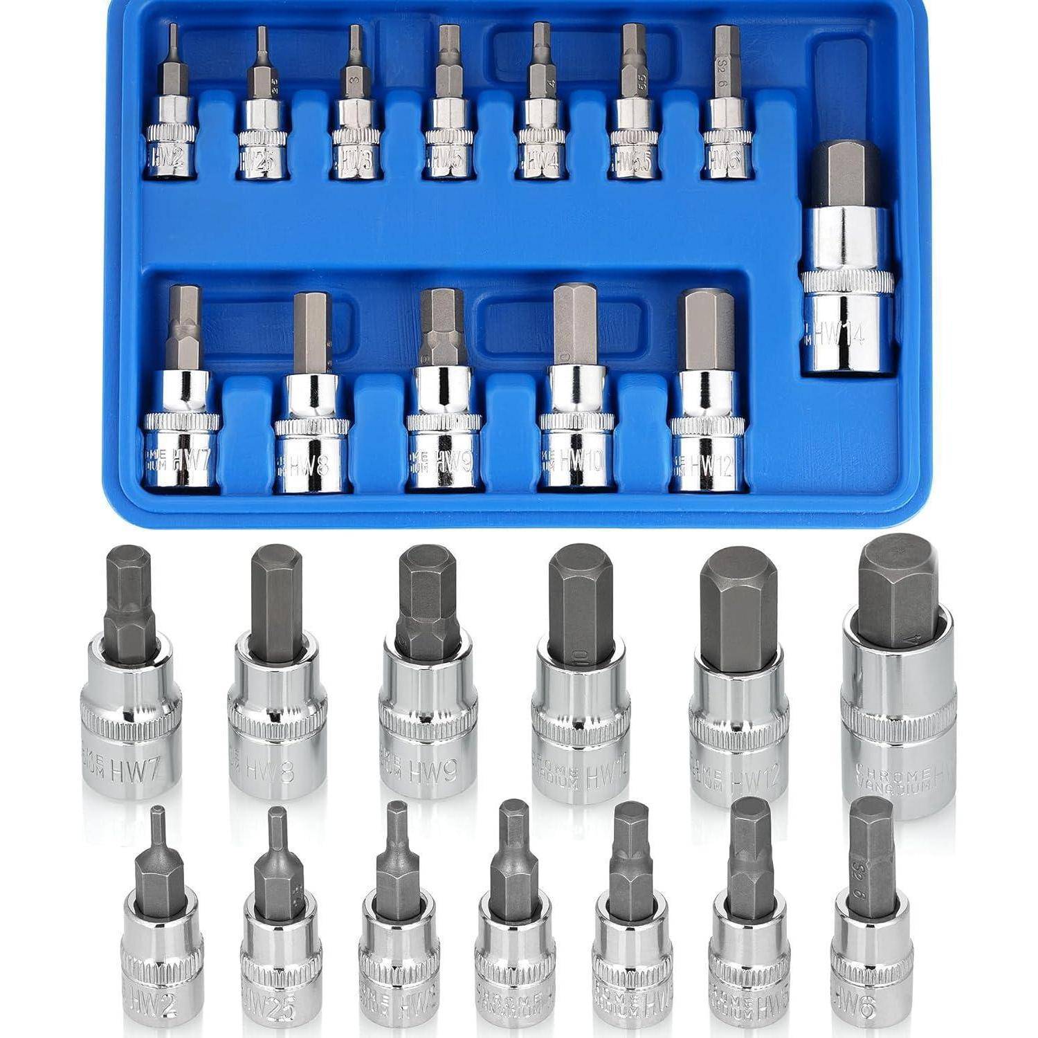 nutmanel 13pcs Sechskant Steckschlüssel Set, Sechskant steckschlüssel metrisches satz, S2 Alloy Steel, Steckschluesselsatz Metric 2-14mm, Sechskant
