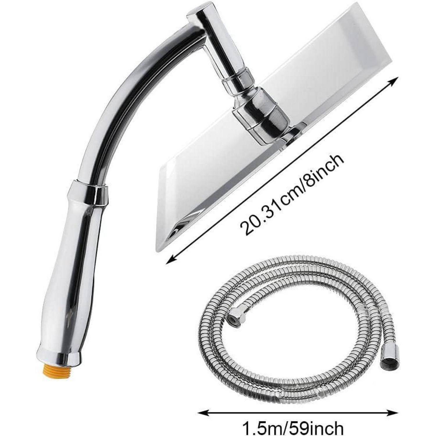Chromgriff-Handbrausekopf mit quadratischer Sprühfläche und 1,5 m Schlauch, gekennzeichnet mit 20,31 cm / 8 Zoll Kopfbreite und 59 Zoll Schlauchlänge.