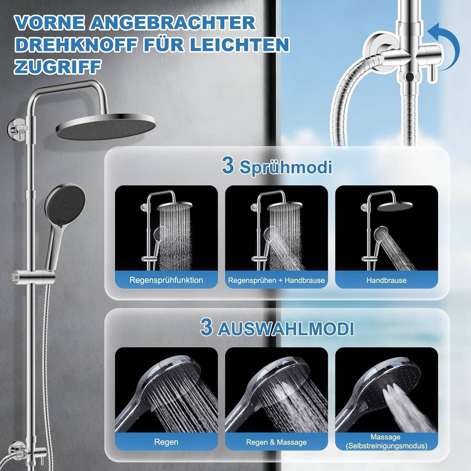 Hibbent Duschsystem mit Selbstreinigung, 25x25cm Runder Brause, Edelstahlschlauch, Duschkopf & Handbrause，Chrom 25cm-rund Chrom