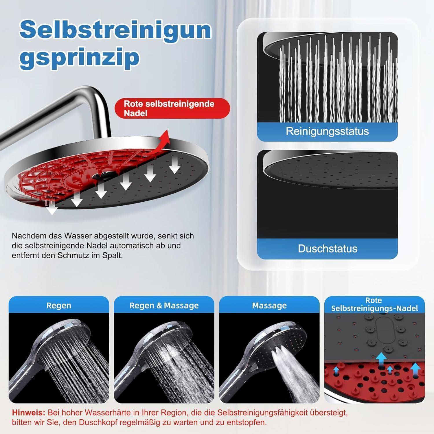 Hibbent Duschsystem mit Selbstreinigung, 25x25cm Runder Brause, Edelstahlschlauch, Duschkopf & Handbrause，Chrom 25cm-rund Chrom