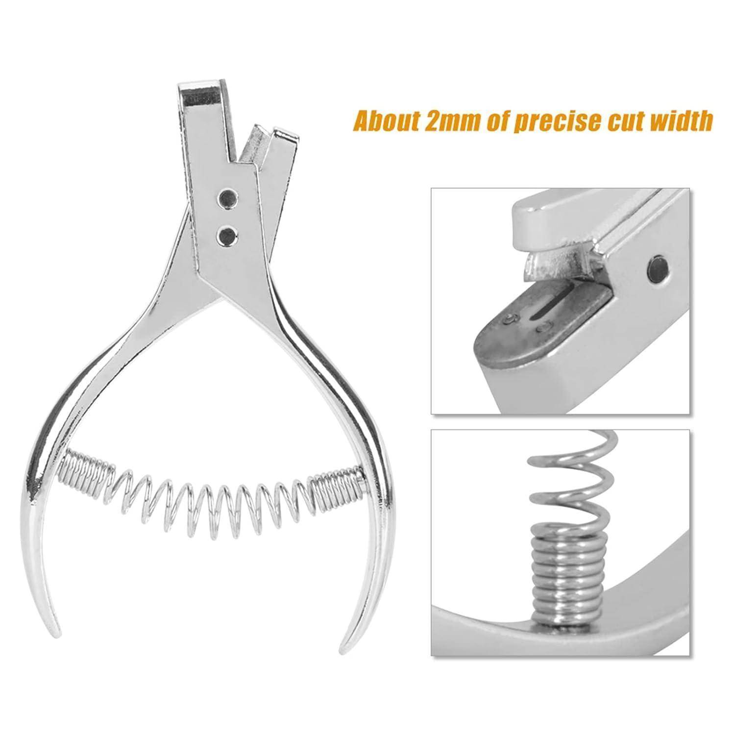 Kleine Metallnagelschere mit federbelasteten gebogenen Griffen und vergrößerte Ausschnitte zeigen eine präzise 2-mm-Schnittbreite und Federmechanismus.