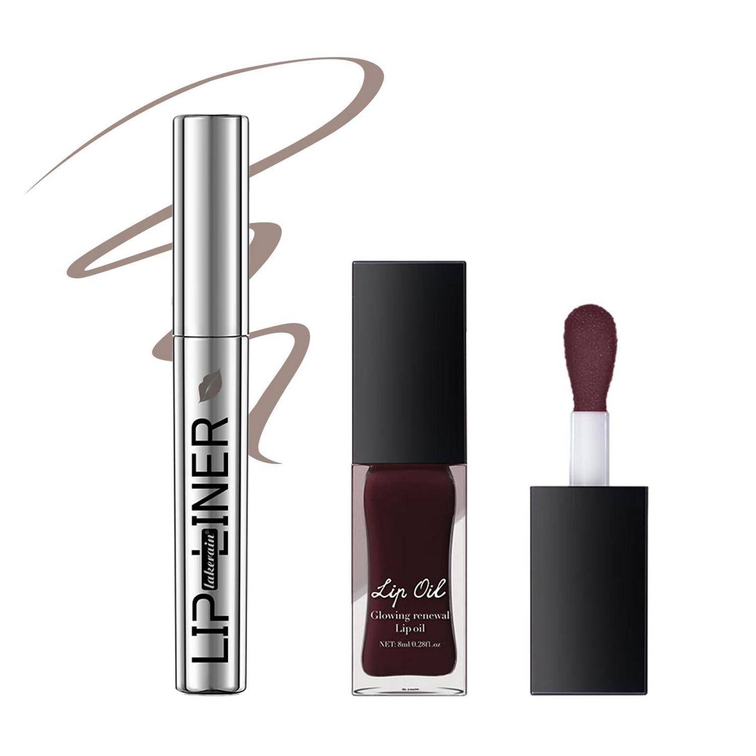 Drei Make-up-Produkte auf weißem Hintergrund: ein silberner Lippenkonturenstift-Tubus, eine dunkle Lippenöl-Flasche und ein Lipgloss-Applikator mit schwarzer Kappe.