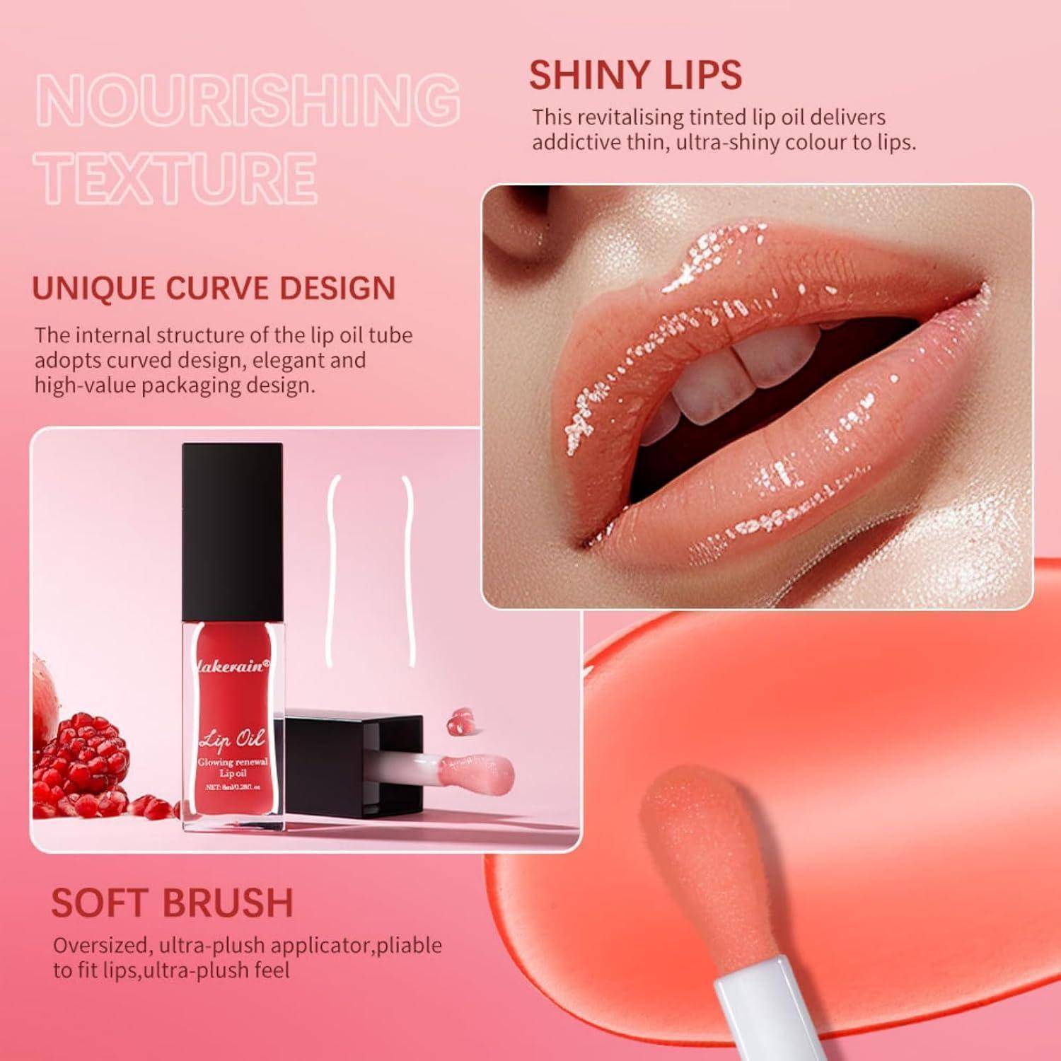 Rosa Kosmetikwerbung für Lippenöl, die glänzende Lippen und eine Flasche mit Applikator zeigt; der Text hebt die pflegende Textur, das einzigartige Kurvendesign, glänzende Lippen und einen weichen Pinsel hervor.