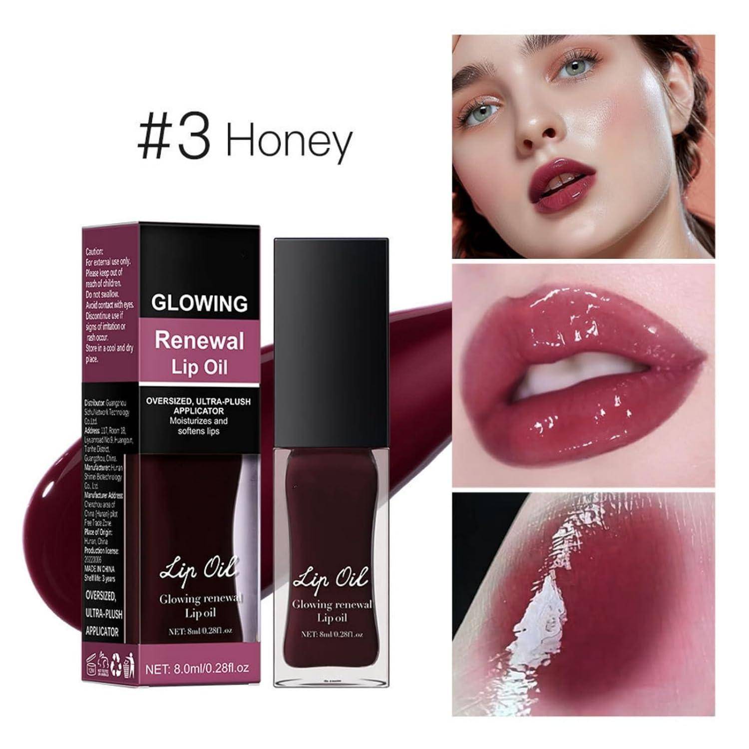#3 Honig leuchtende Erneuerungs-Lippenöl, gezeigt mit Flasche und Verpackung neben Nahaufnahme der Lippen und glänzenden Anwendungsergebnissen.