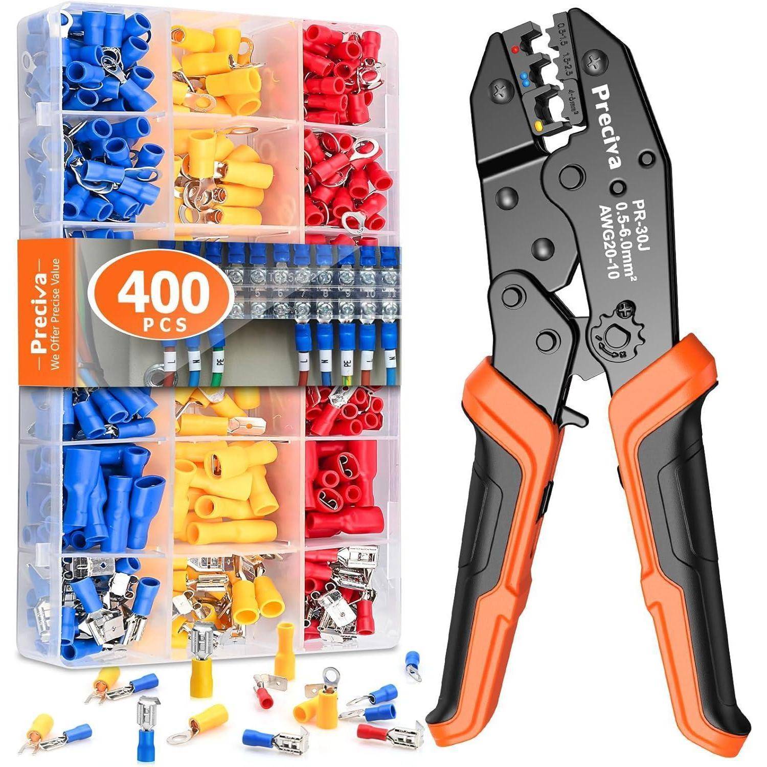 Set mit 400 isolierten Drahtösen in organisierten Fächern und einem Crimpwerkzeug mit orangefarbenen und schwarzen Griffen.
