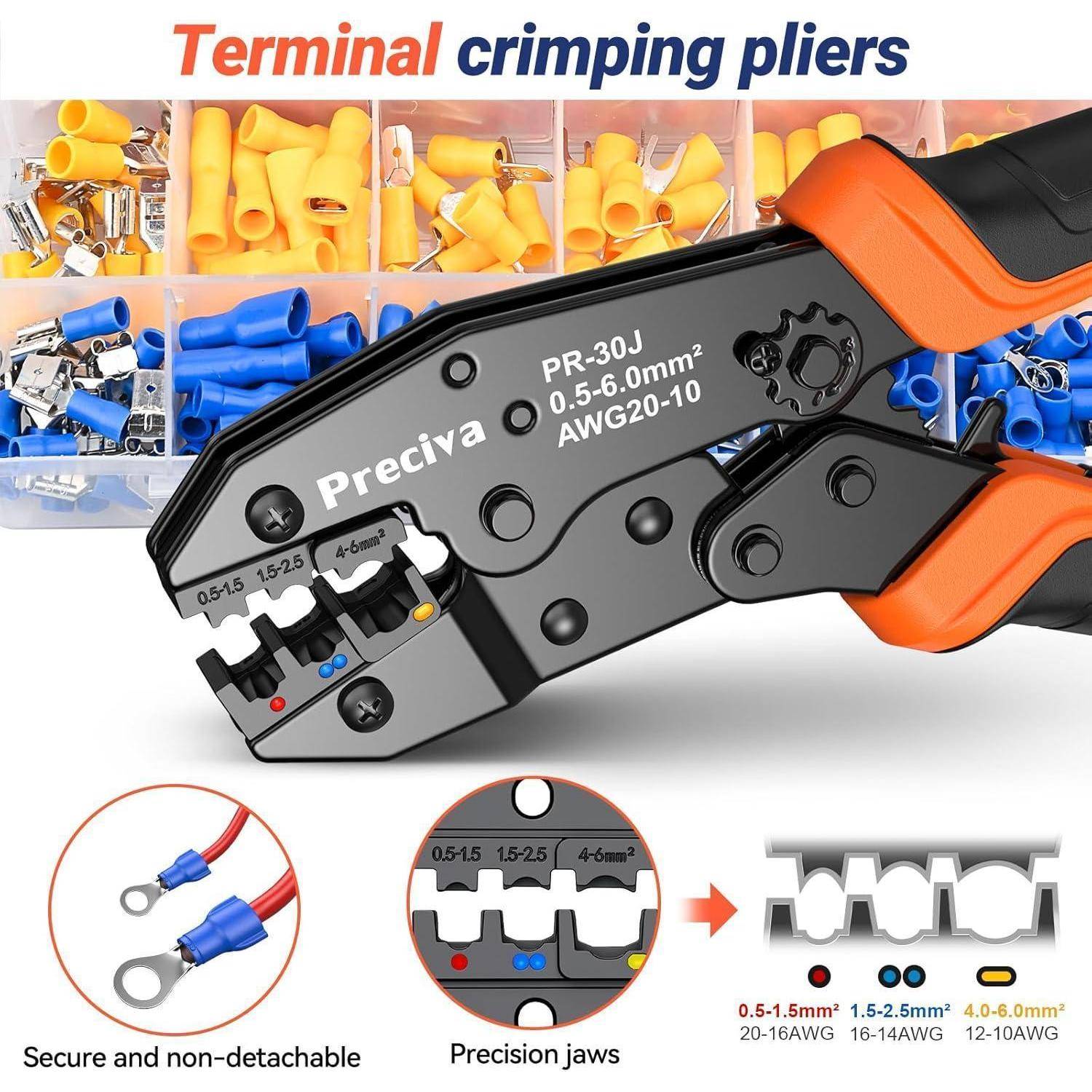 Aderendhülsen-Crimpzange mit orangefarbenen und schwarzen Griffen, gekennzeichnet für 0,5-6,0 mm² AWG20-10, gezeigt mit isolierten Drahtverbindern und Beispielen für Präzisionskiefer.
