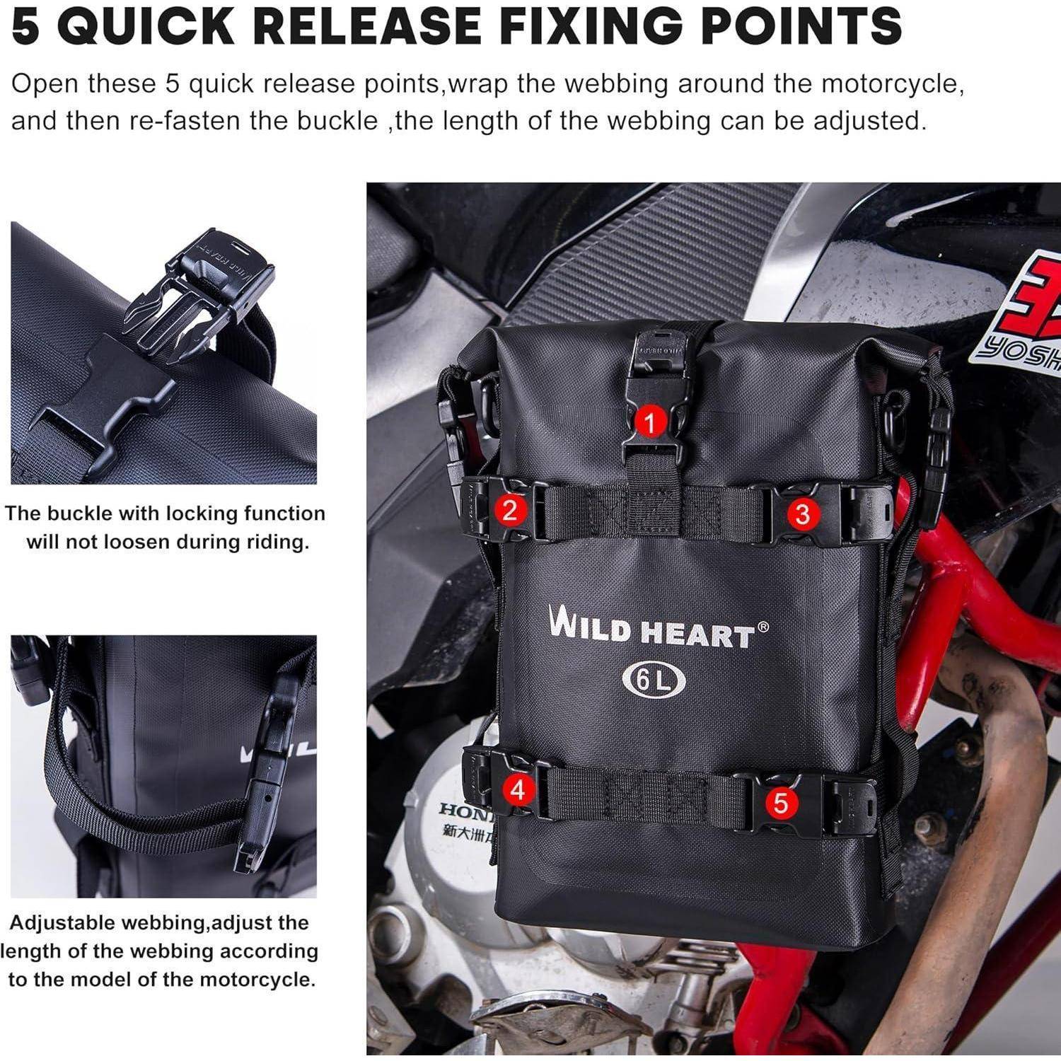 Anleitung zeigt eine Motorradtasche, die an 5 Schnellverschluss-Punkten befestigt ist, nummeriert von 1 bis 5, mit Nahaufnahmen des Verriegelungssystems und des verstellbaren Bandes.