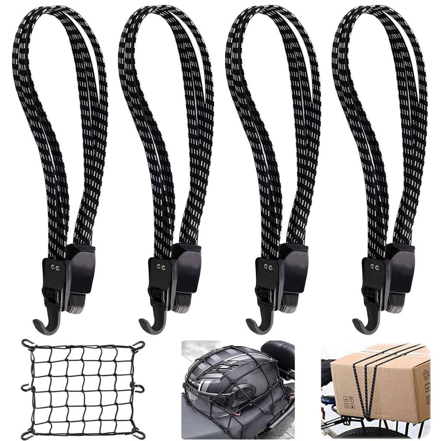 Vier schwarze verstellbare Frachtgurte mit Haken, plus ein Frachtnetz, ein Motorradhelmnetz und ein Gepäckgurt, die eine Kiste sichern.