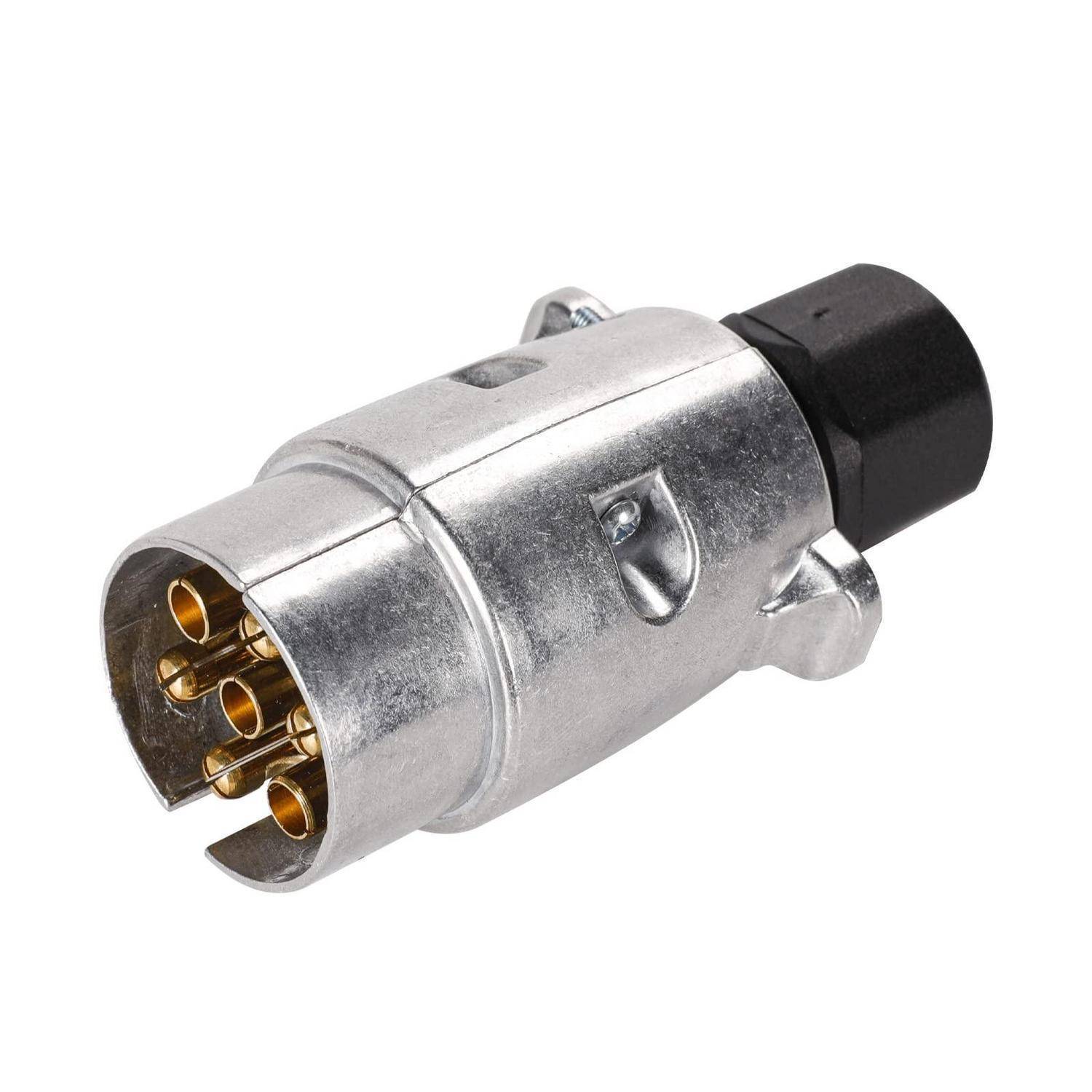 Metall-Anhängerstecker mit 7 Kontakten und schwarzer Kunststoffendkappe auf weißem Hintergrund.