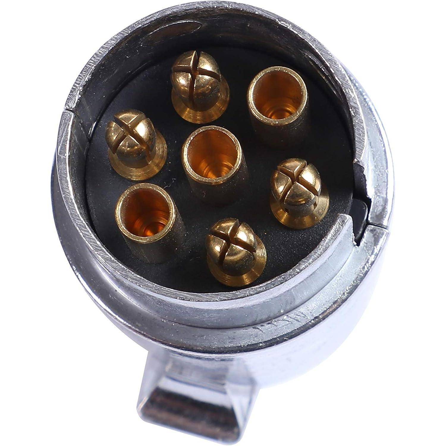 Nahaufnahme eines runden metallischen Elektrosteckers mit sechs Messingkontakten in einem silbernen Gehäuse.