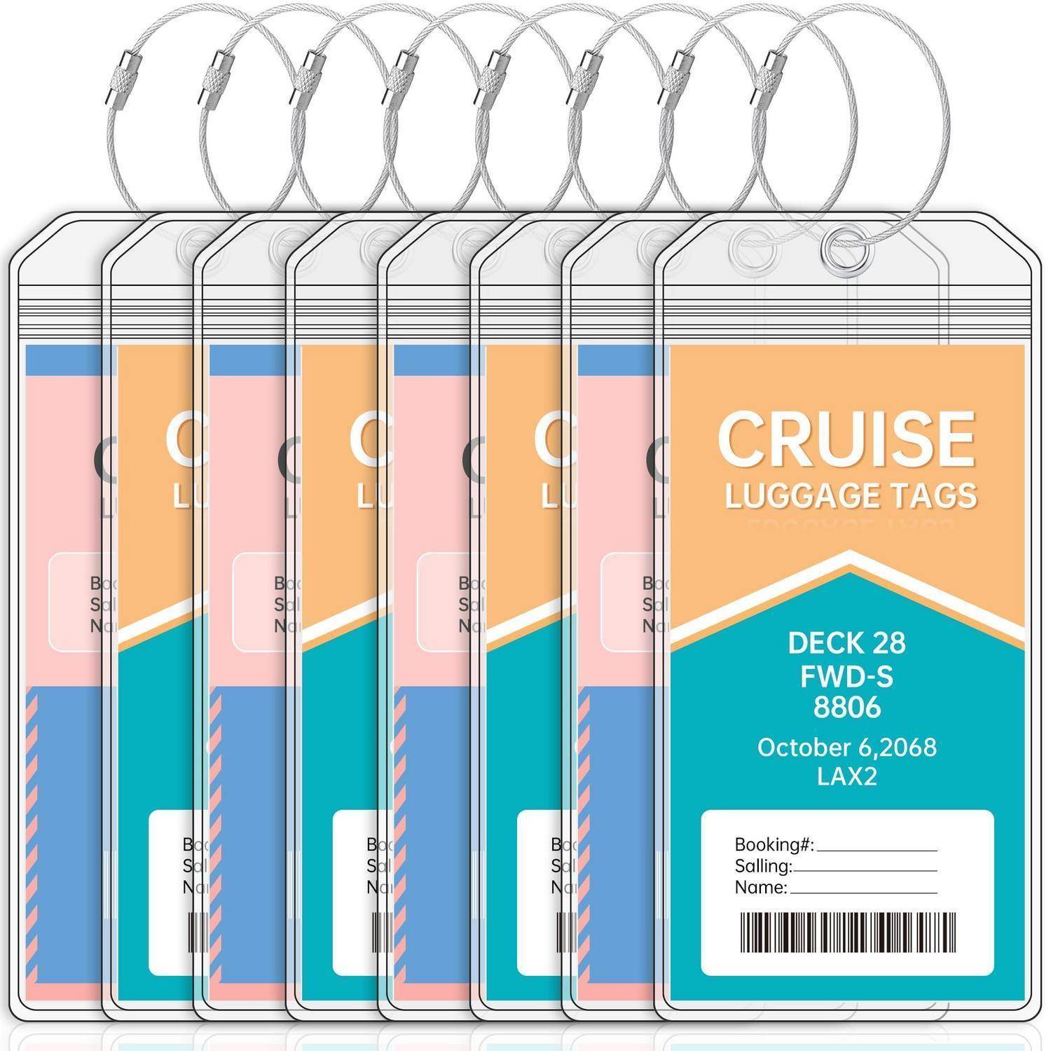 Stapel von Kreuzfahrt-Kofferschildern mit Drahtschleifen, beschriftet mit „CRUISE LUGGAGE TAGS