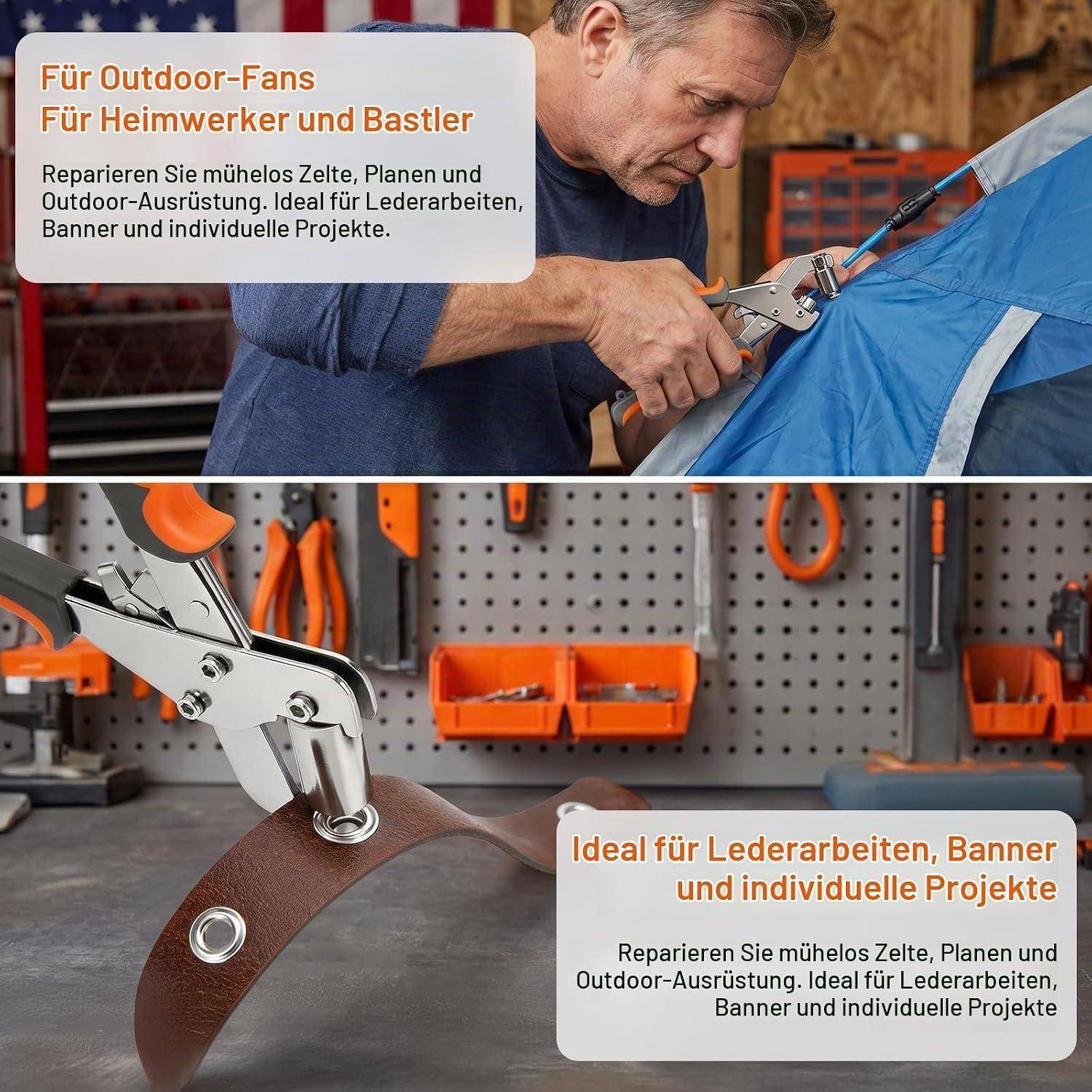 # Geteiltes Werbebild eines Mannes, der ein Zelt mit einem Werkzeug repariert und eine Nahaufnahme einer Werkstatt eines Ösensetzer-Werkzeugs auf Leder; Deutscher Text bewirbt Reparaturen für Outdoor-Ausrüstung, Lederarbeiten, Banner und kundenspezifische Projekte.