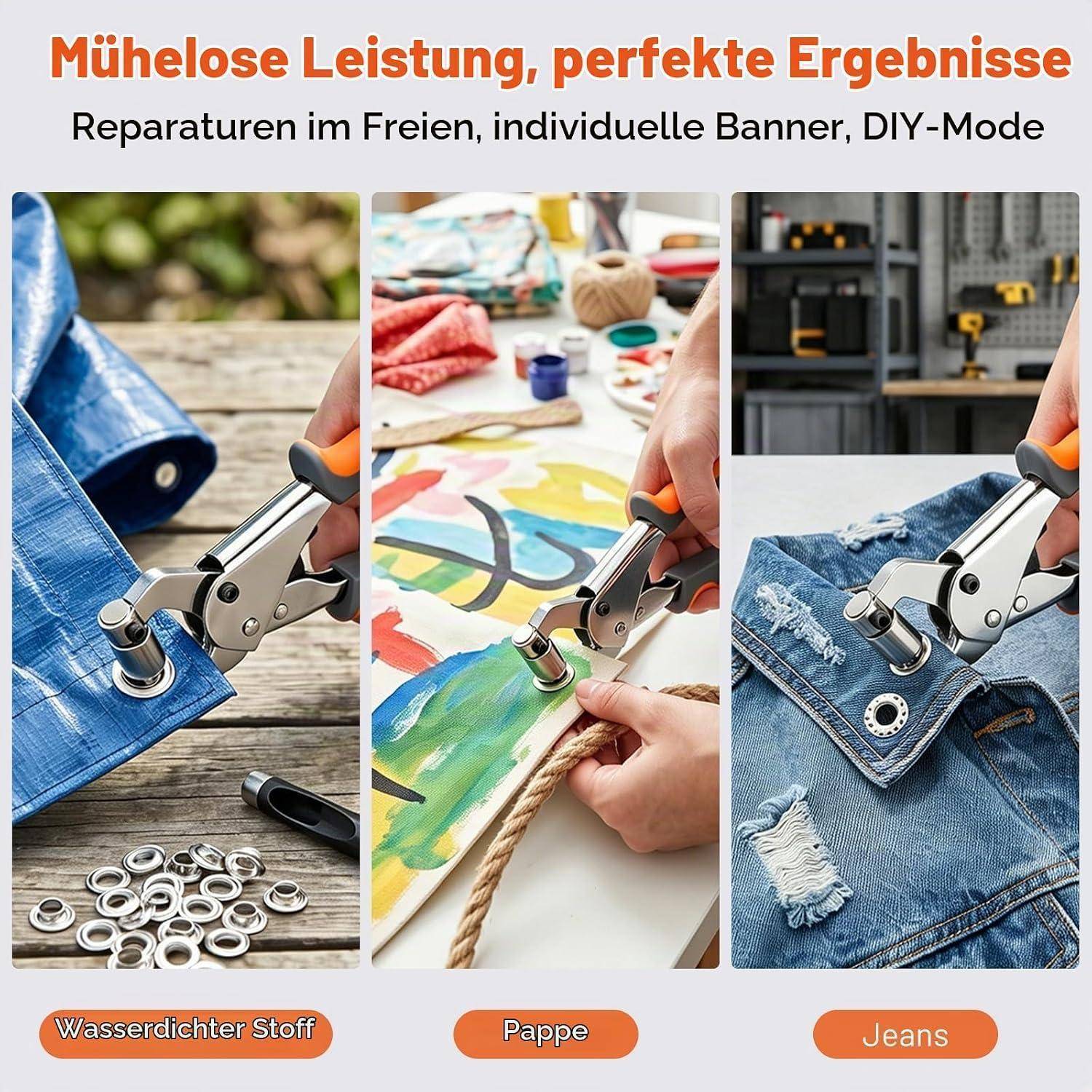 Anzeige mit einer Hand, die ein Ösenset auf Stoff, Pappe und Jeans verwendet, mit den Beschriftungen „Wasserdichter Stoff", „Pappe"" und „Jeans"" unter der deutschen Überschrift „Mühelose Leistung, perfekte Ergebnisse"".