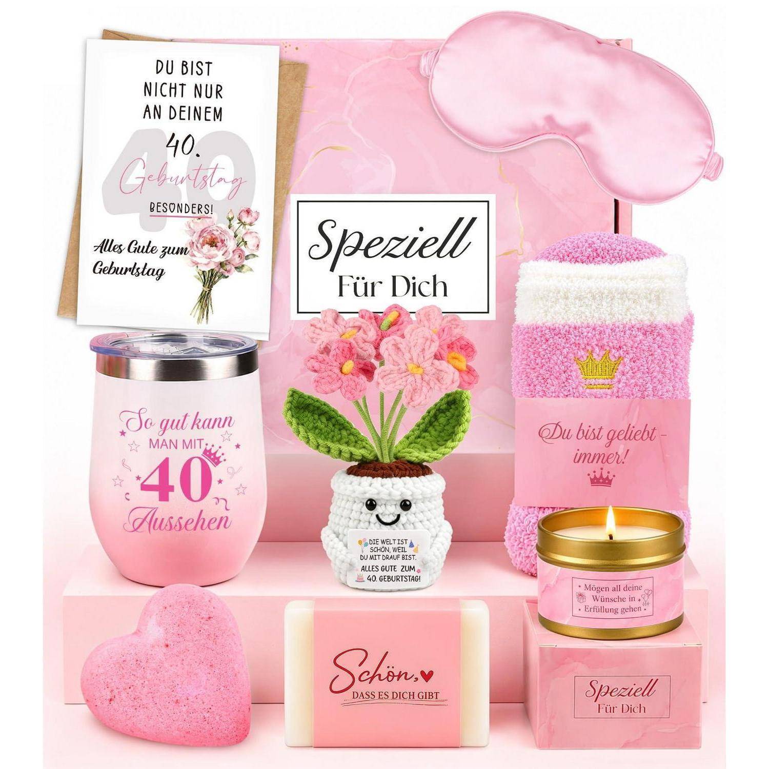 # Rosa 40. Geburtstagsgeschenkset mit Karte, Tasse, Blumentopf, Kerze, Herz, Seife und Schachteln, mit deutschen Botschaften für eine besondere Person.