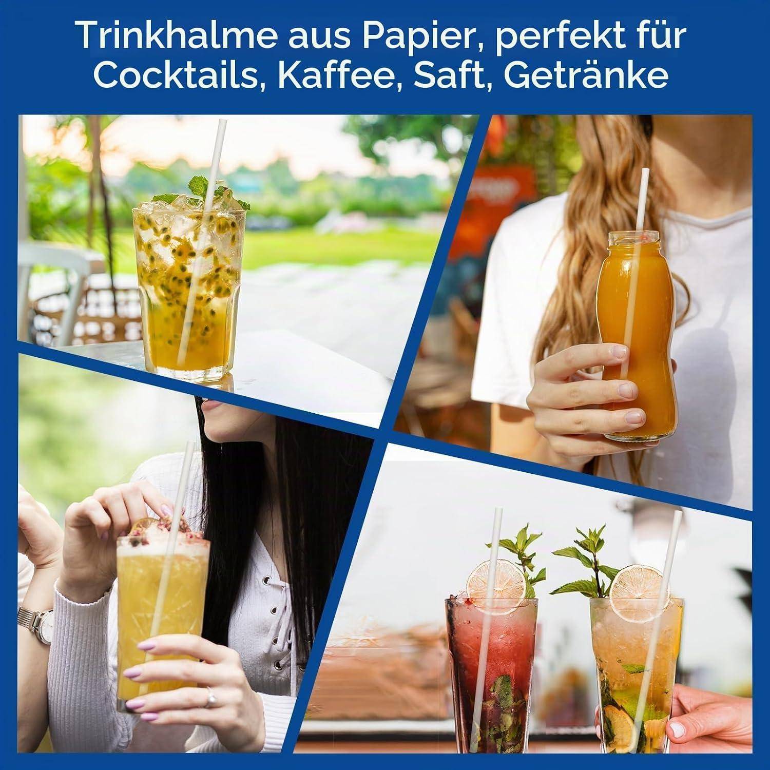 Collage von Getränken in Glasgefäßen mit Papierstrohhalmen, die 'Trinkhalme aus Papier, perfekt für Cocktails, Kaffee, Saft, Getränke' für verschiedene Getränke bewirbt.