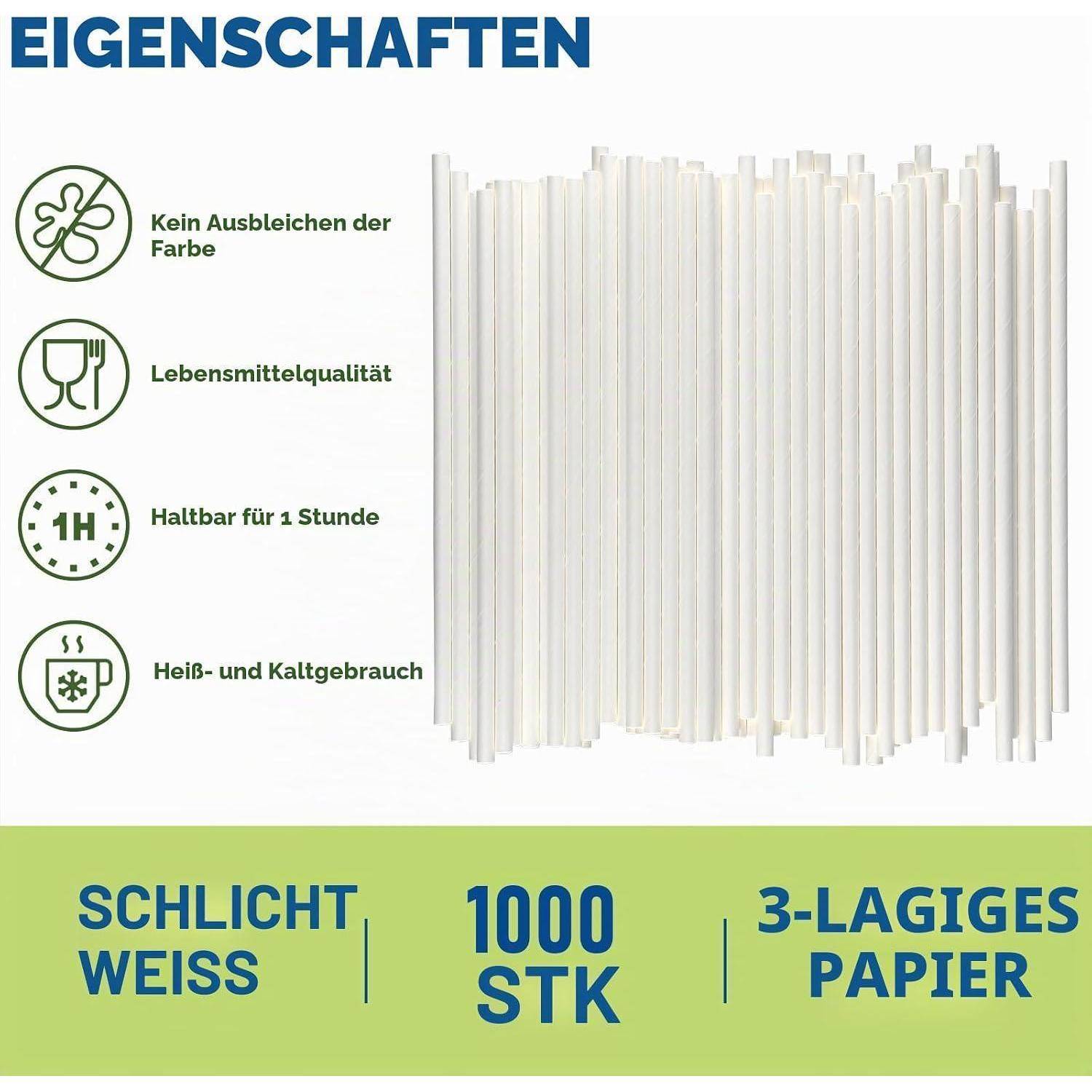 Produktgrafik von weißen Papierstrohhalmen, die kein Farbverblassen, lebensmittelsichere Qualität, 1-Stunden-Haltbarkeit, Verwendung bei heißen und kalten Getränken und 1000 Stück, 3-lagiges Papier hervorheben.
