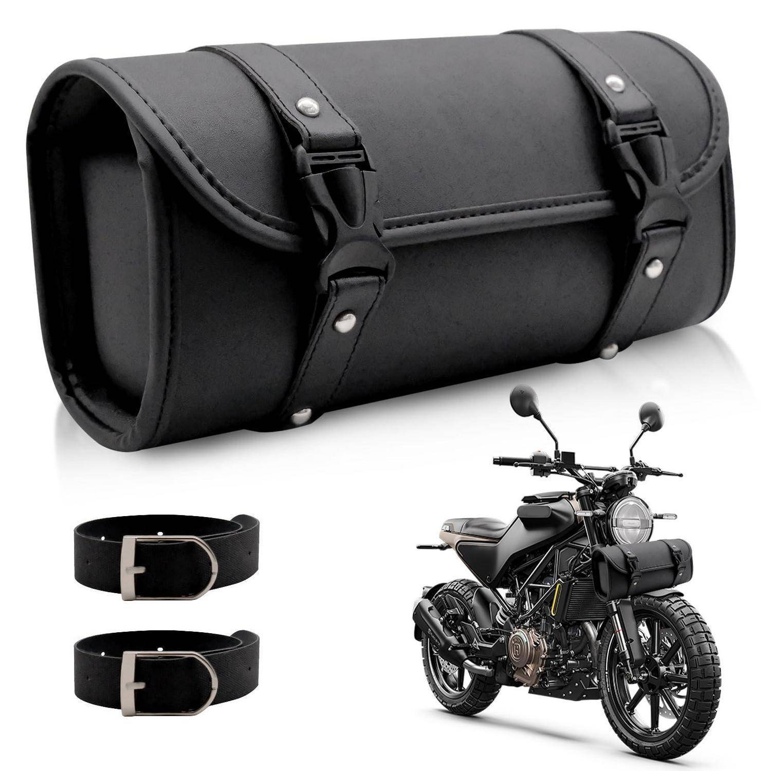 Schwarze Lederkoffer-Tasche für Motorrad mit zwei Befestigungsgurten, gezeigt mit einem Motorrad und Gürtelstil-Befestigungen.
