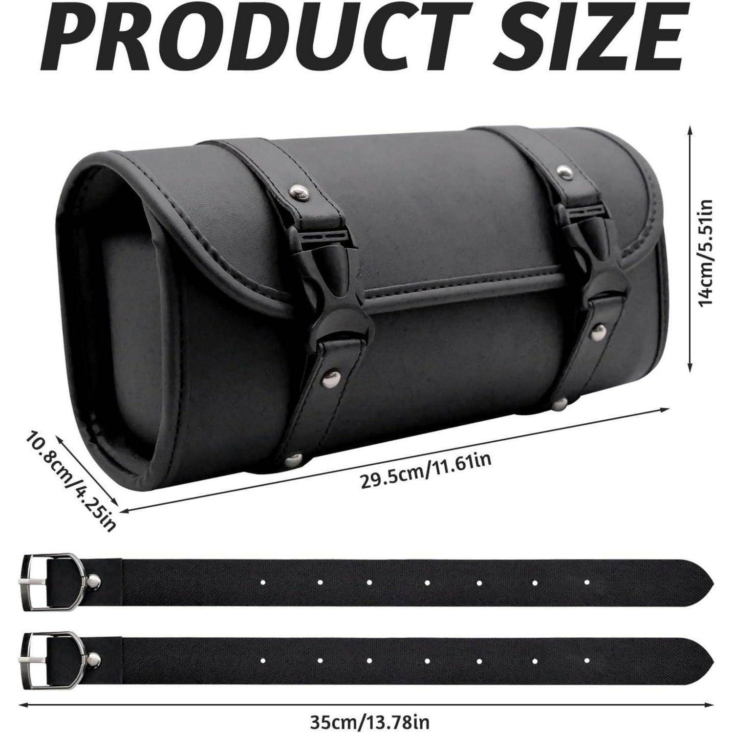 Produktgrößendiagramm einer schwarzen zylindrischen Motorrad-Satteltasche: 29,5 cm lang, 14 cm hoch, 10,8 cm tief, mit zwei Riemen à 35 cm Länge.