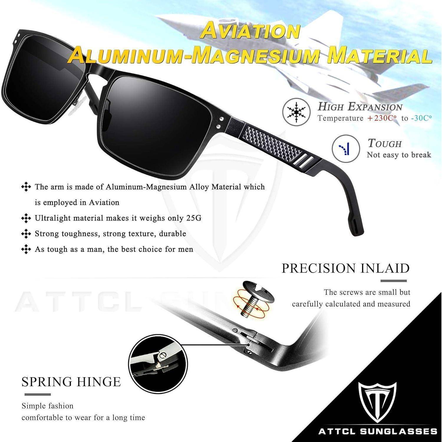 Werbebild einer schwarzen Sonnenbrille mit der Bezeichnung „Luft- und Raumfahrt-Aluminium-Magnesium-Material" mit Hervorhebung des leichten 25g-Gestells, Federscharnier, präziser Einlage und hochausdehnbarer, robuster Konstruktion.