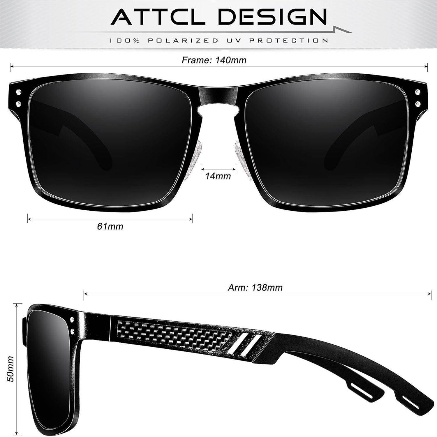 Produktbild von ATTCL Design polarisierten Sonnenbrillen mit Vorder- und Seitenansicht und Maßangaben: 140 mm Rahmen, 61 mm Linse, 14 mm Steg, 138 mm Bügel, 50 mm Linsenhöhe.