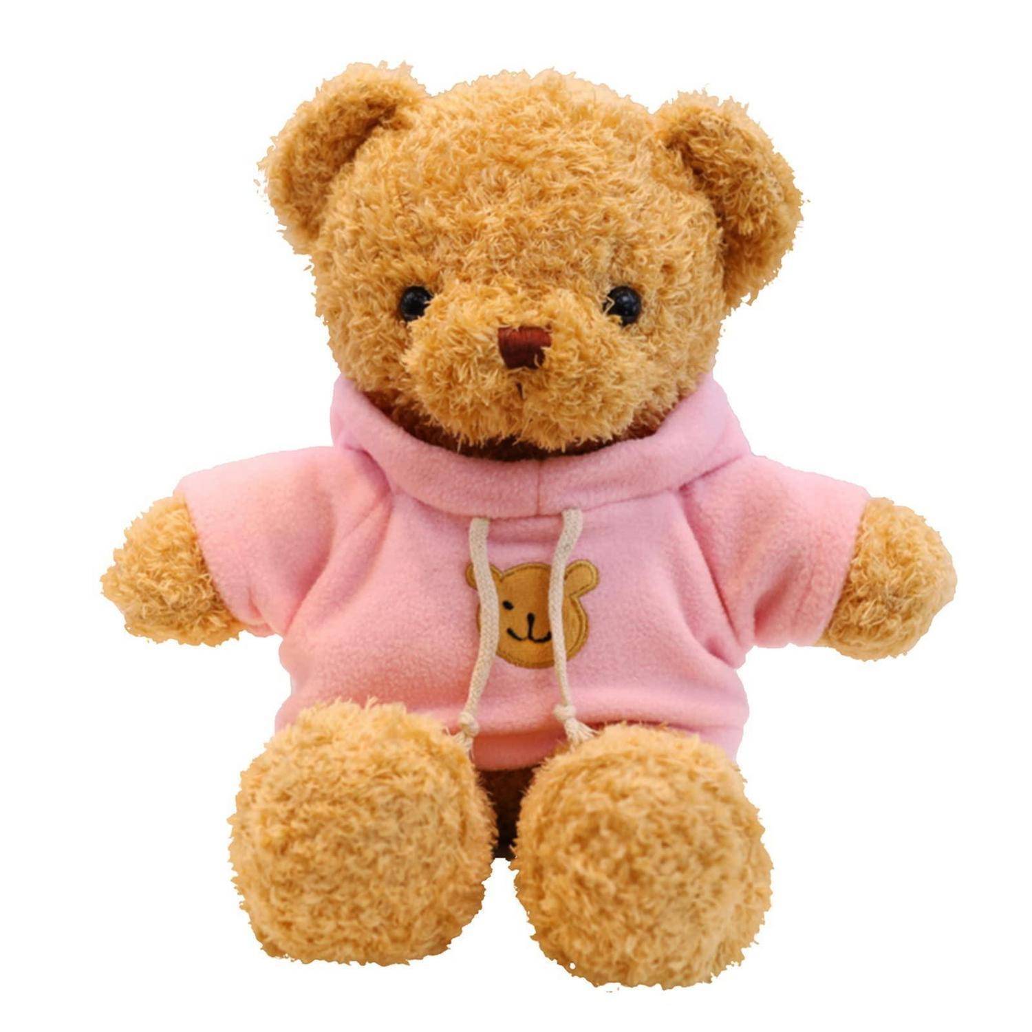 Ein Plüschteddybär, der einen rosa Hoodie mit einem kleinen Bärgesicht auf der Brust trägt, sitzt vor einem schlichten weißen Hintergrund.