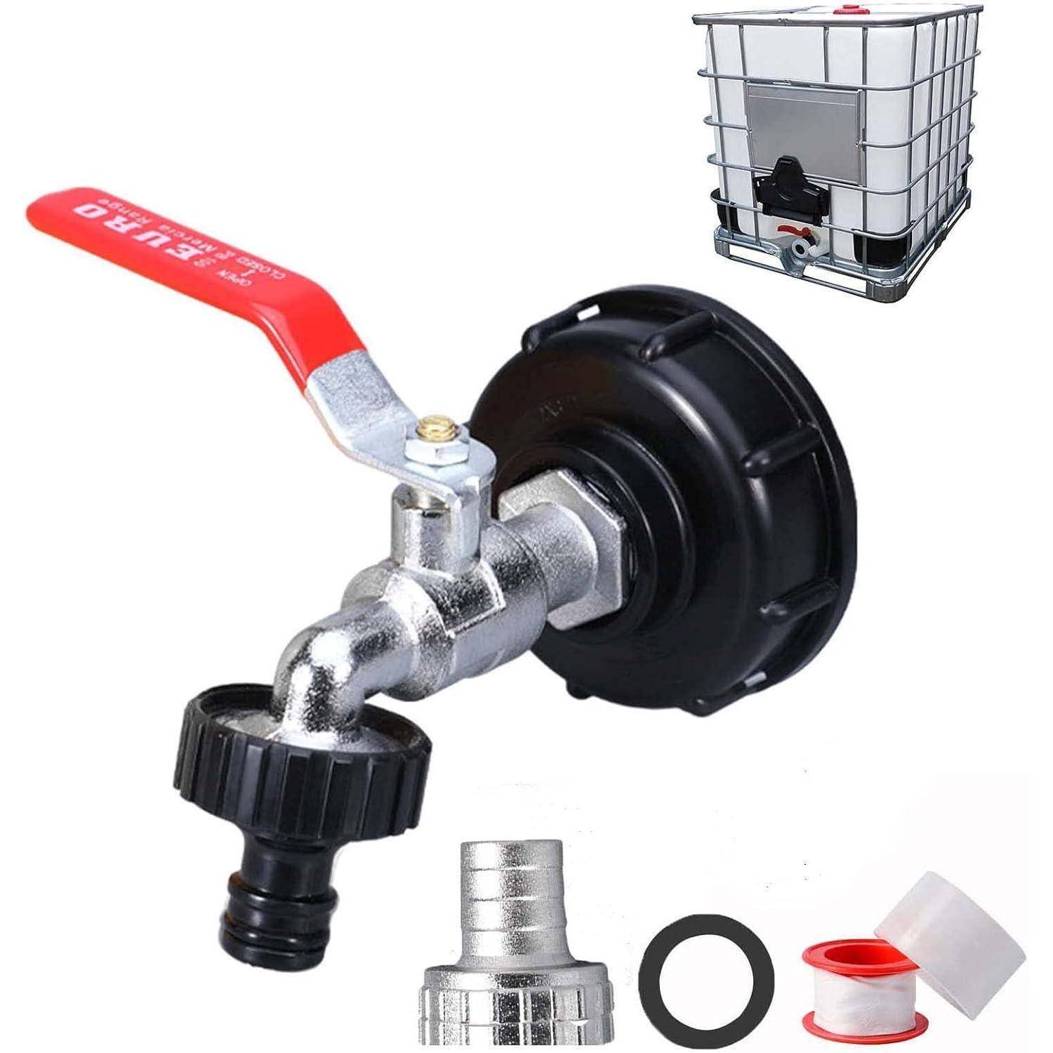 IBC-Tankventil-Adapter mit rotem Hebel, schwarzer Kappe, Schlauchanschluss und mitgelieferten Verschraubungen sowie Dichtungsband auf weißem Hintergrund.
